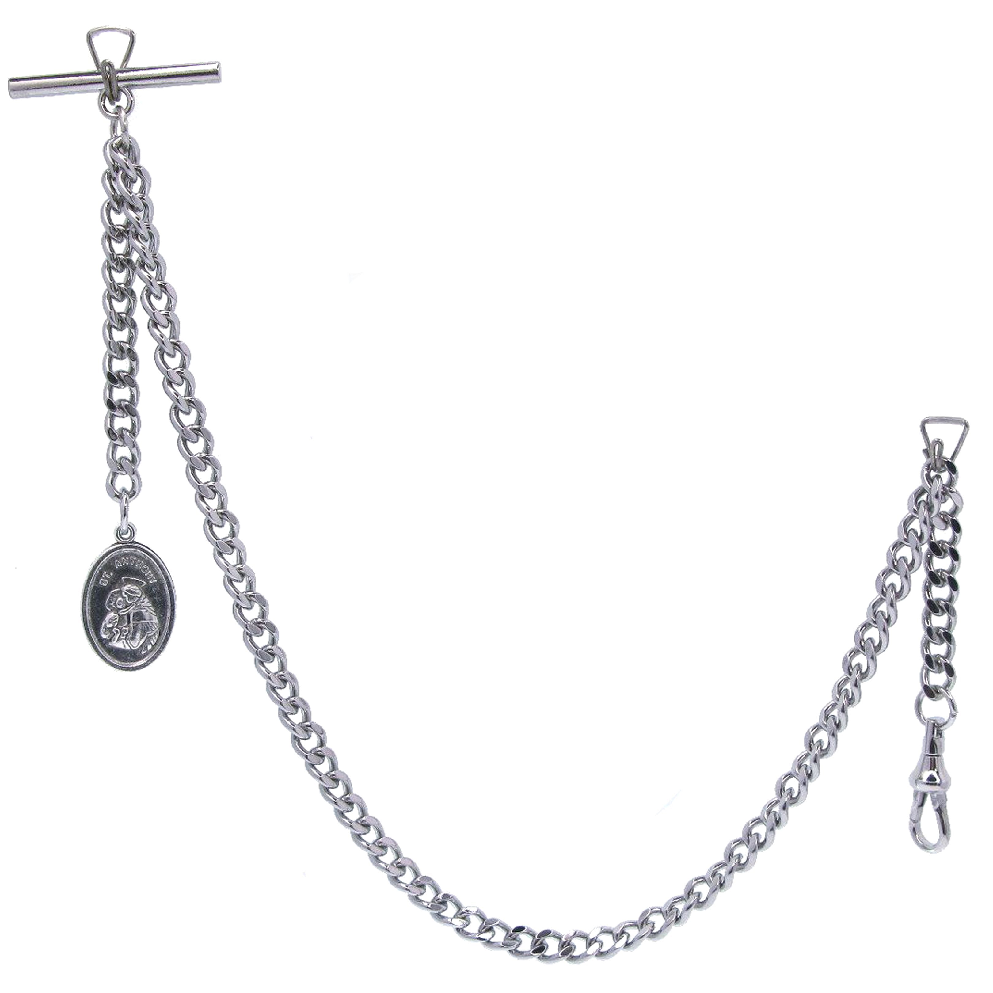 Albert Chain Silver Color Pocket Watch Chain Fob Chain Saint Anthony Medal Fob with T Bar Swivel Clasp AC197