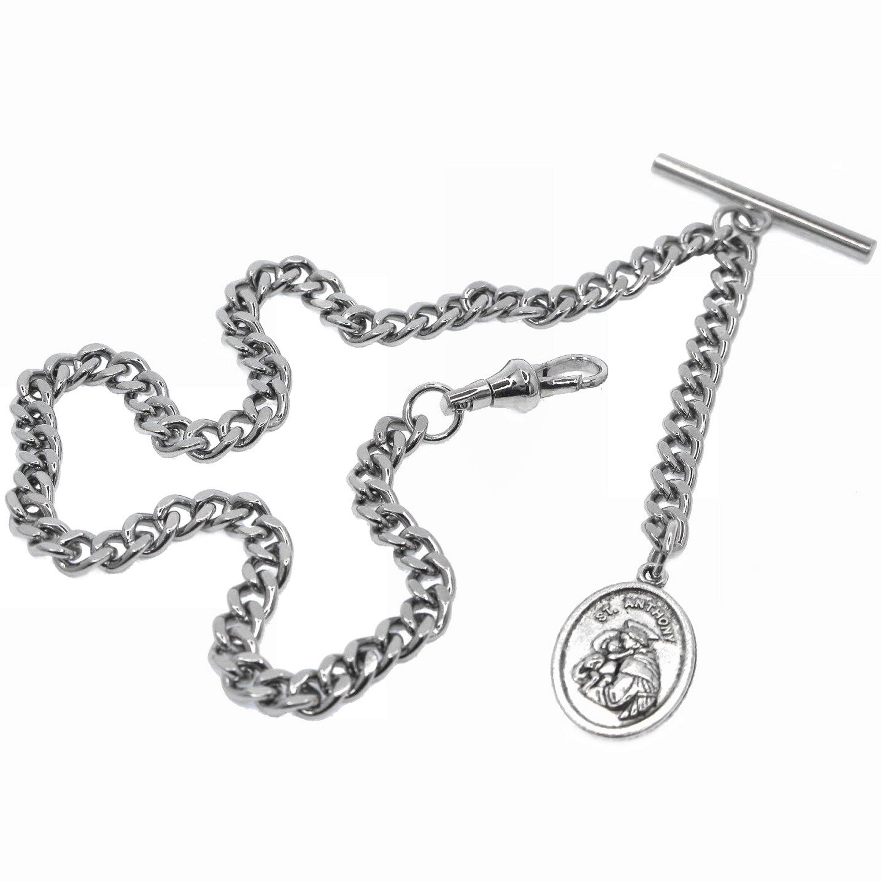 Albert Chain Silver Color Pocket Watch Chain Fob Chain Saint Anthony Medal Fob with T Bar Swivel Clasp AC197