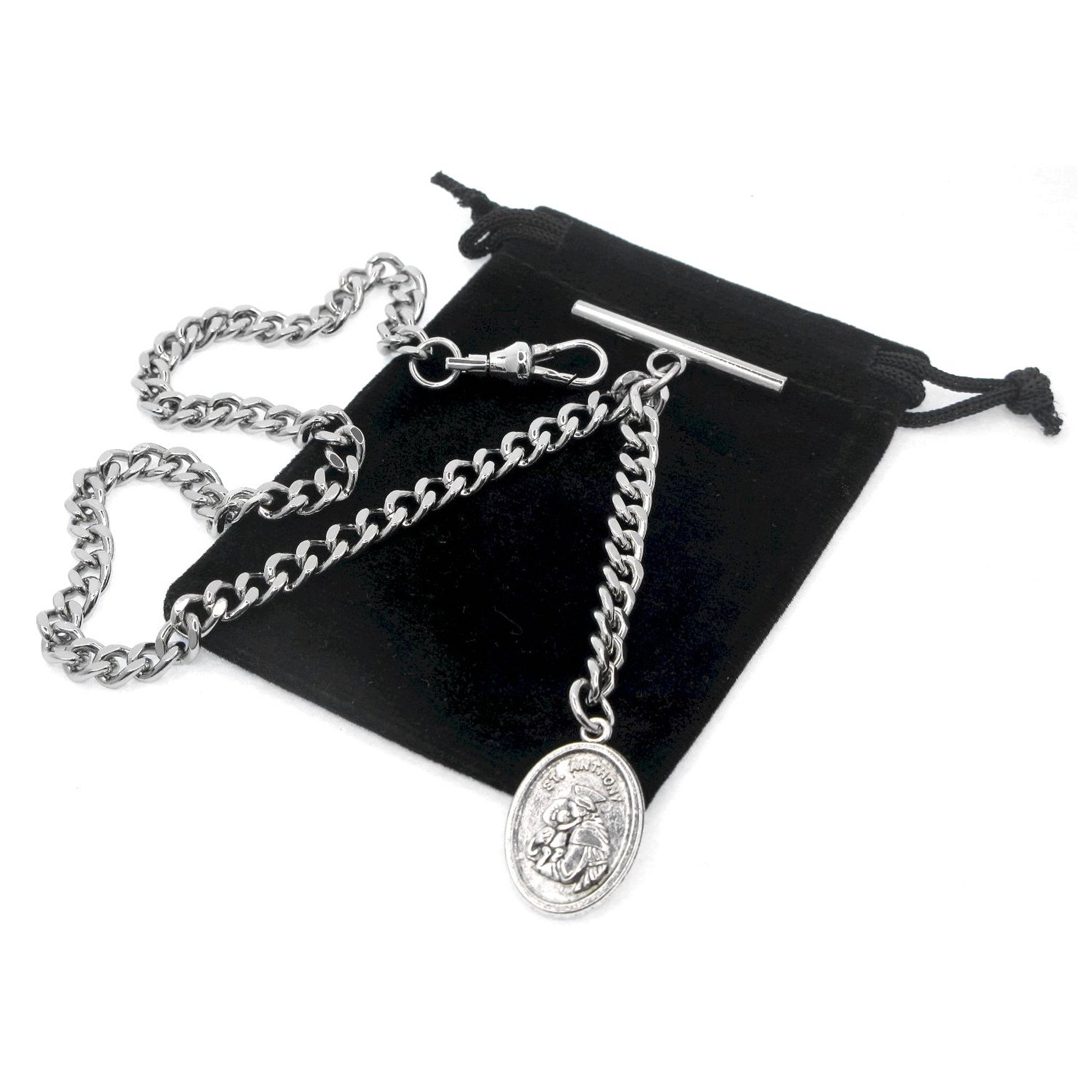 Albert Chain Silver Color Pocket Watch Chain Fob Chain Saint Anthony Medal Fob with T Bar Swivel Clasp AC197