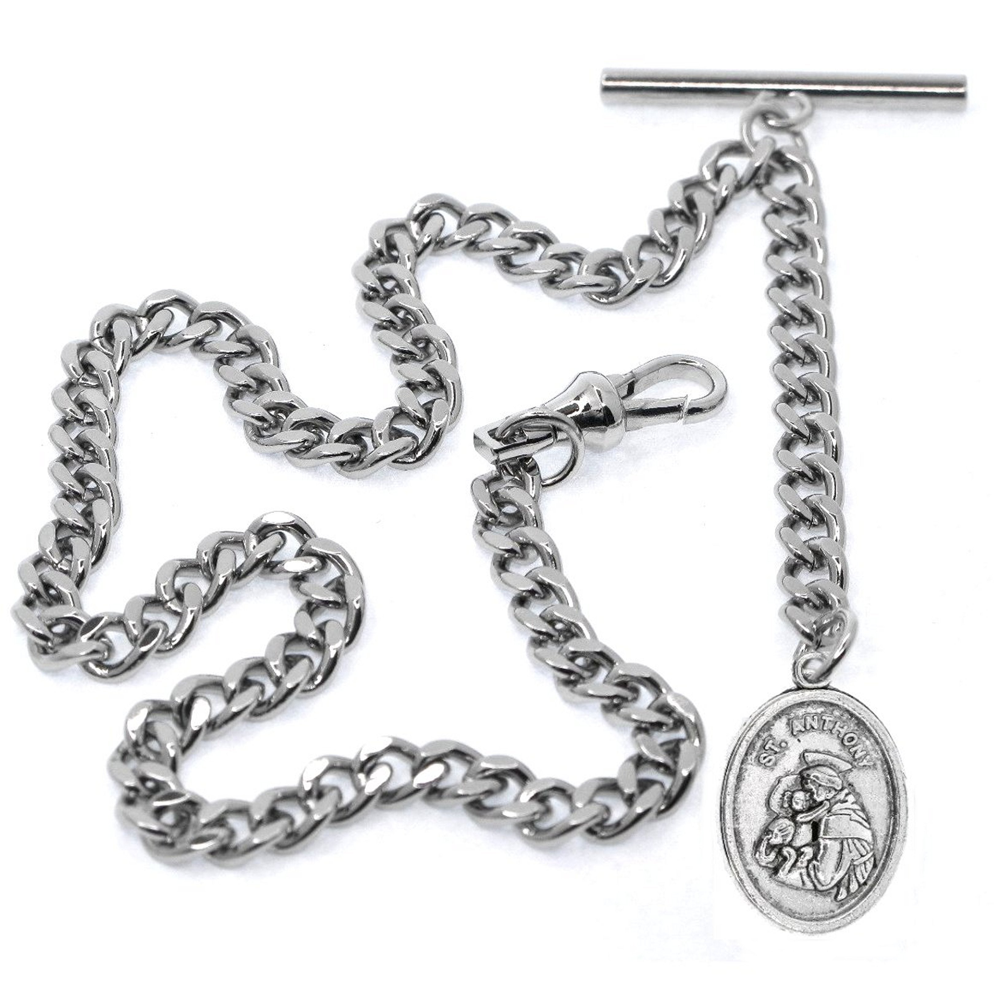 Albert Chain Silver Color Pocket Watch Chain Fob Chain Saint Anthony Medal Fob with T Bar Swivel Clasp AC197