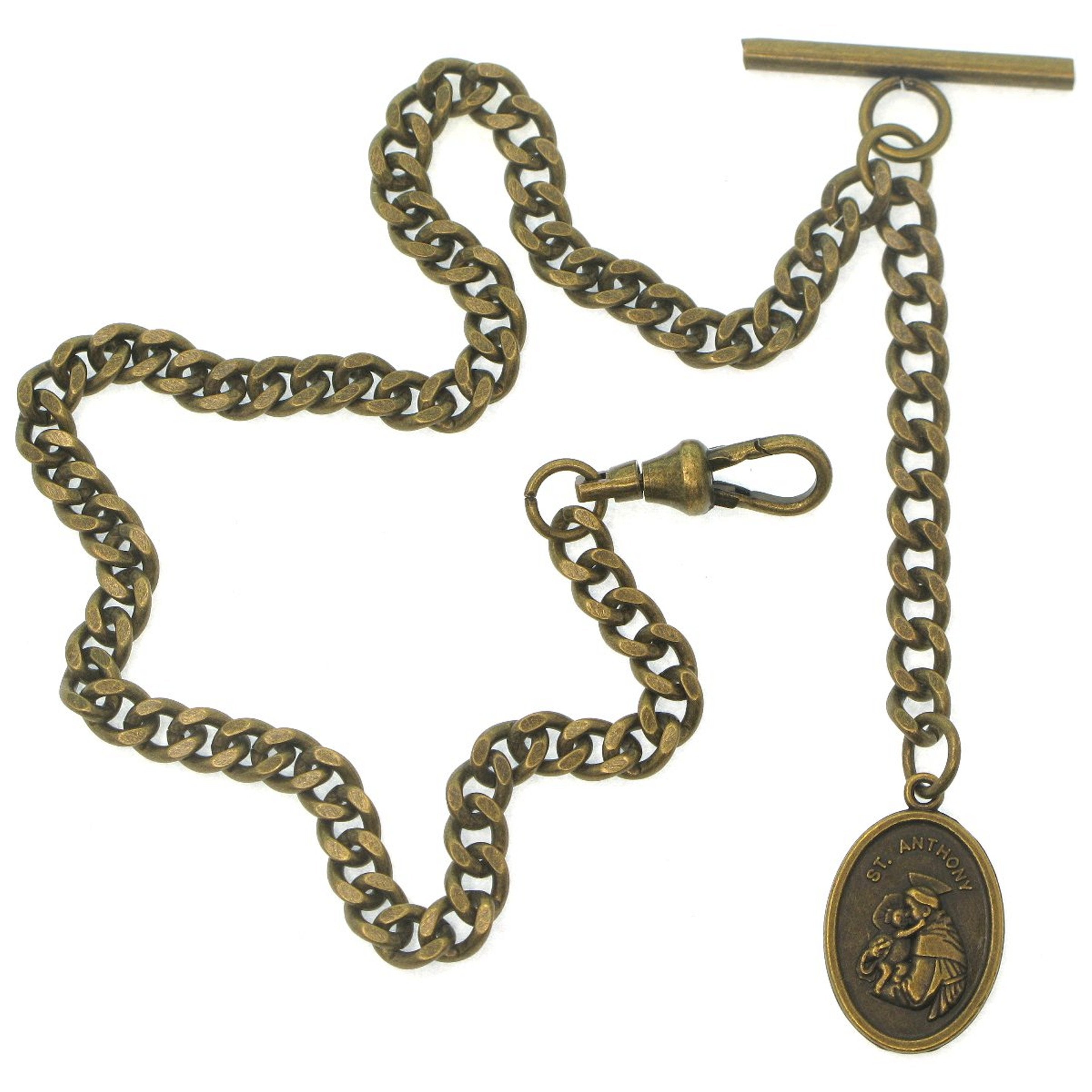 Albert Chain Bronze Color Pocket Watch Chain Fob Chain with Saint Anthony Medal Fob T Bar Swivel Clasp AC198