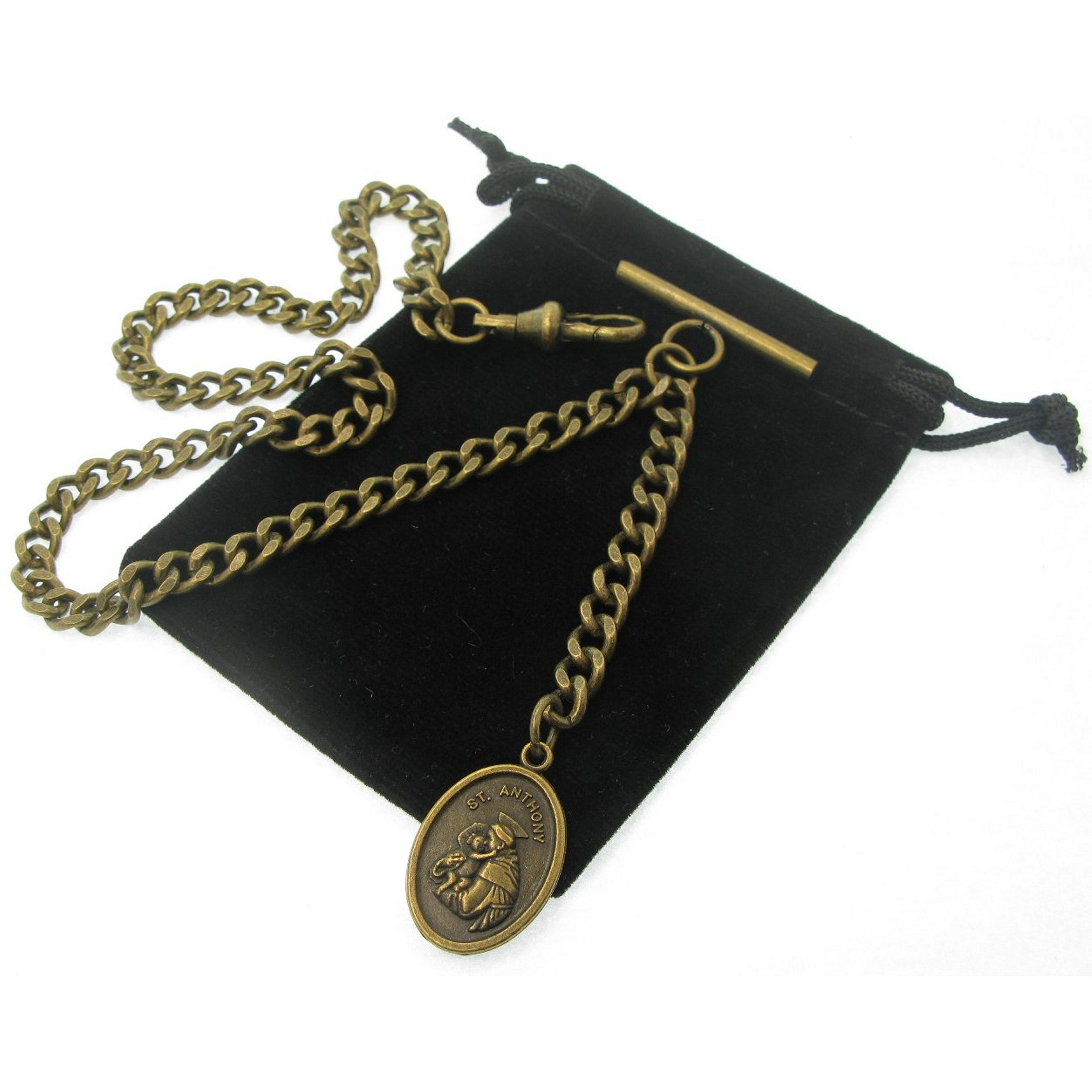 Albert Chain Bronze Color Pocket Watch Chain Fob Chain with Saint Anthony Medal Fob T Bar Swivel Clasp AC198