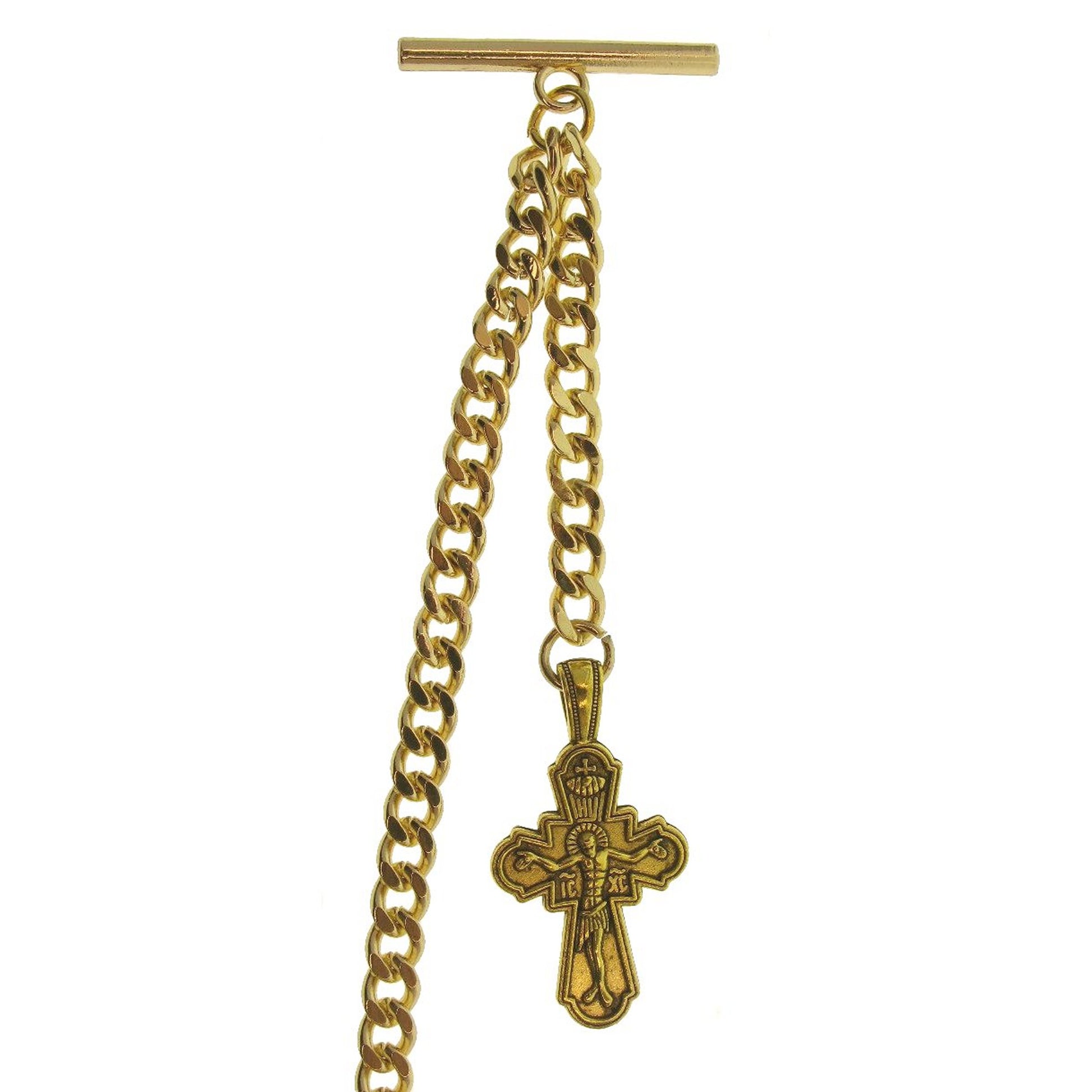 watchvshop Albert Chain Gold Color Pocket Watch Chain Fob Chain for Men with Jesus Cross Design Fob Swivel Clasp and T Bar AC199