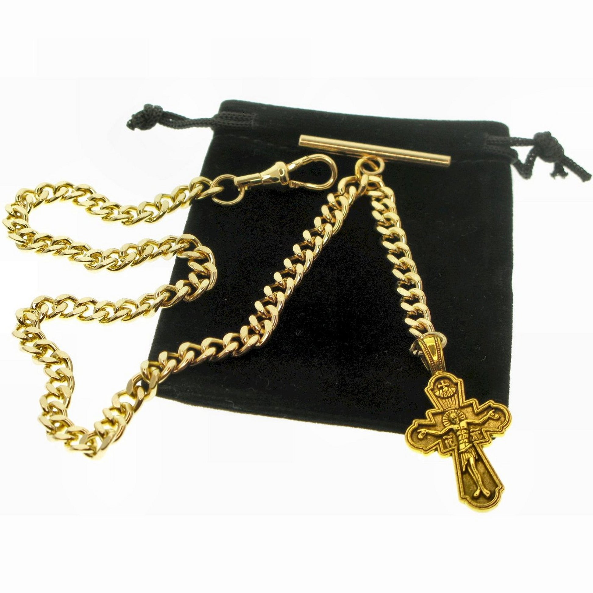watchvshop Albert Chain Gold Color Pocket Watch Chain Fob Chain for Men with Jesus Cross Design Fob Swivel Clasp and T Bar AC199