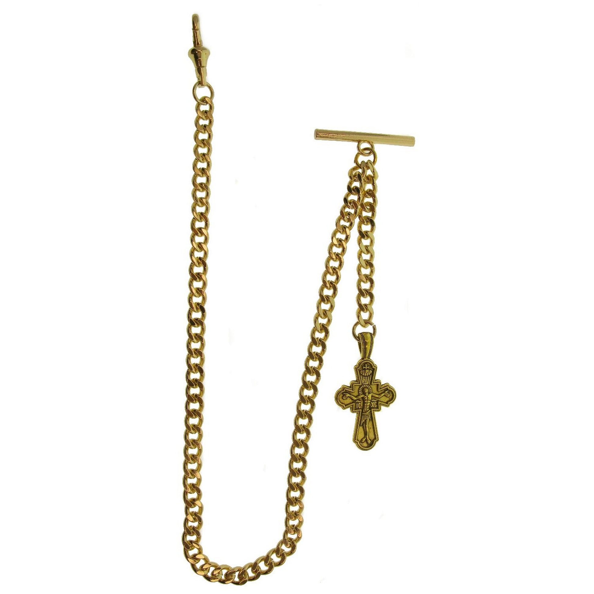 watchvshop Albert Chain Gold Color Pocket Watch Chain Fob Chain for Men with Jesus Cross Design Fob Swivel Clasp and T Bar AC199