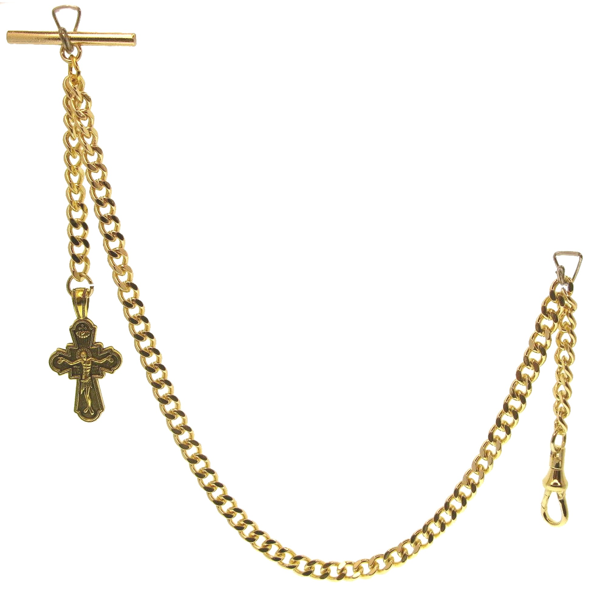 watchvshop Albert Chain Gold Color Pocket Watch Chain Fob Chain for Men with Jesus Cross Design Fob Swivel Clasp and T Bar AC199