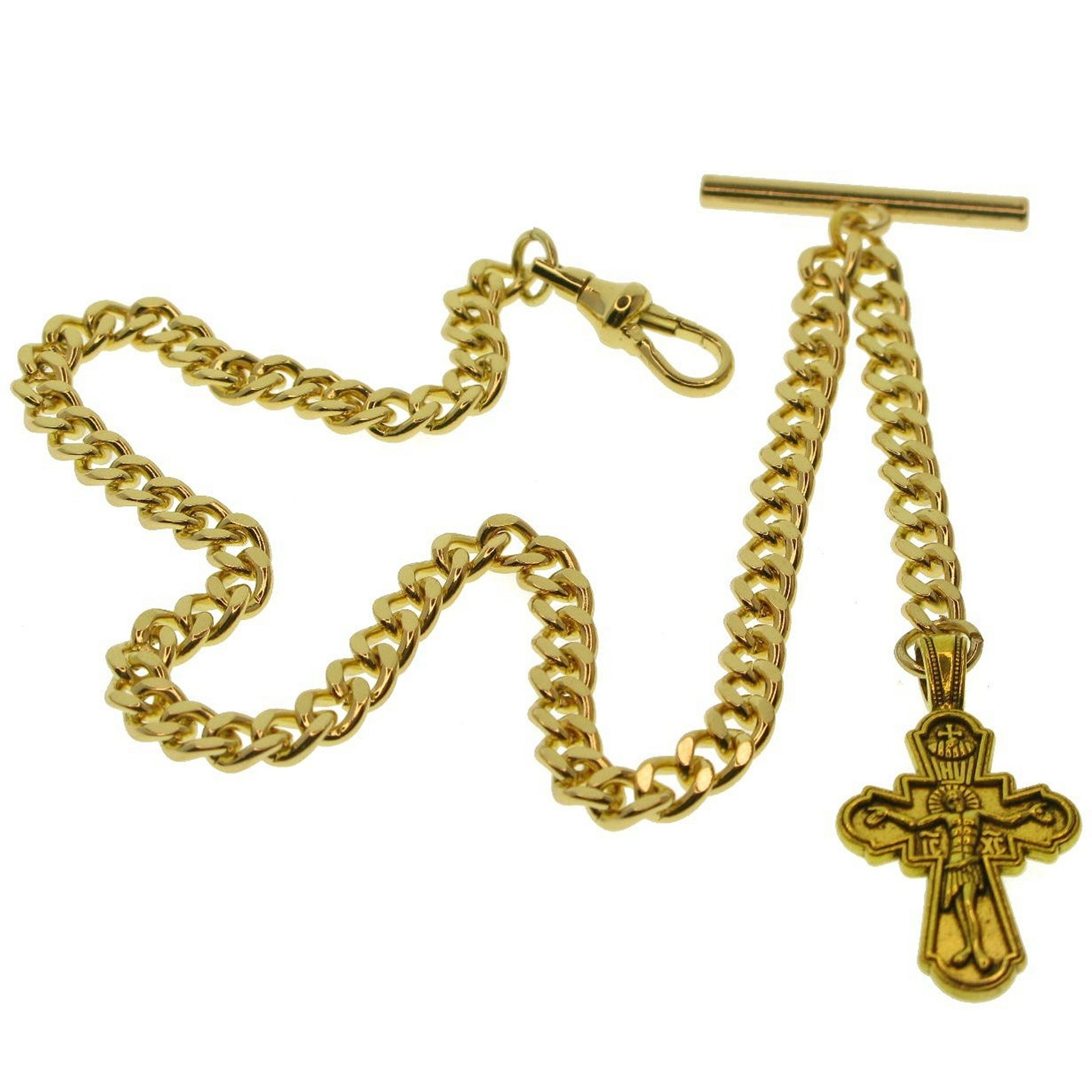 watchvshop Albert Chain Gold Color Pocket Watch Chain Fob Chain for Men with Jesus Cross Design Fob Swivel Clasp and T Bar AC199