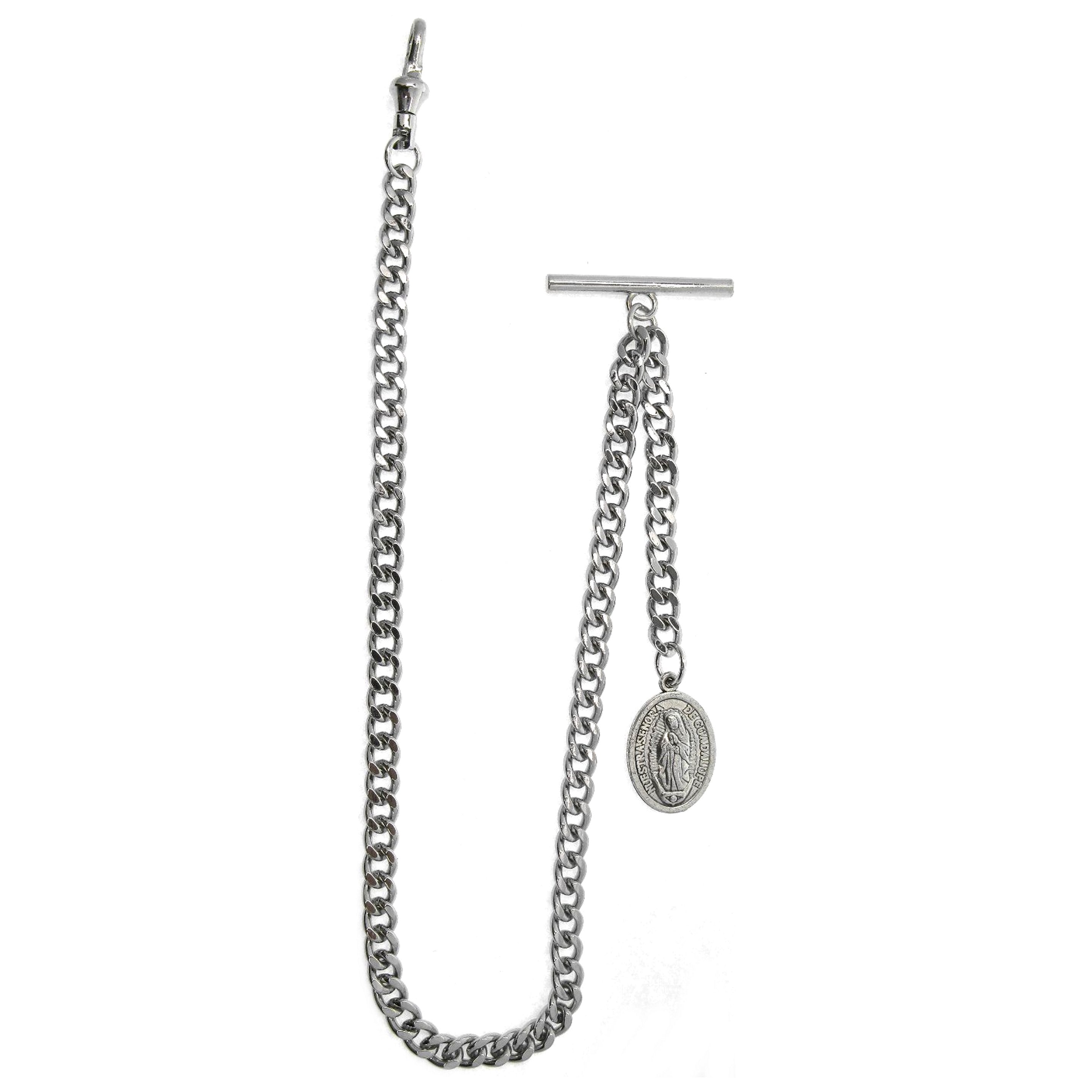 Albert Chain Silver Color Pocket Watch Chain Fob Chain with Lady of Guadalupe Medal Fob with T Bar Swivel Clasp AC200