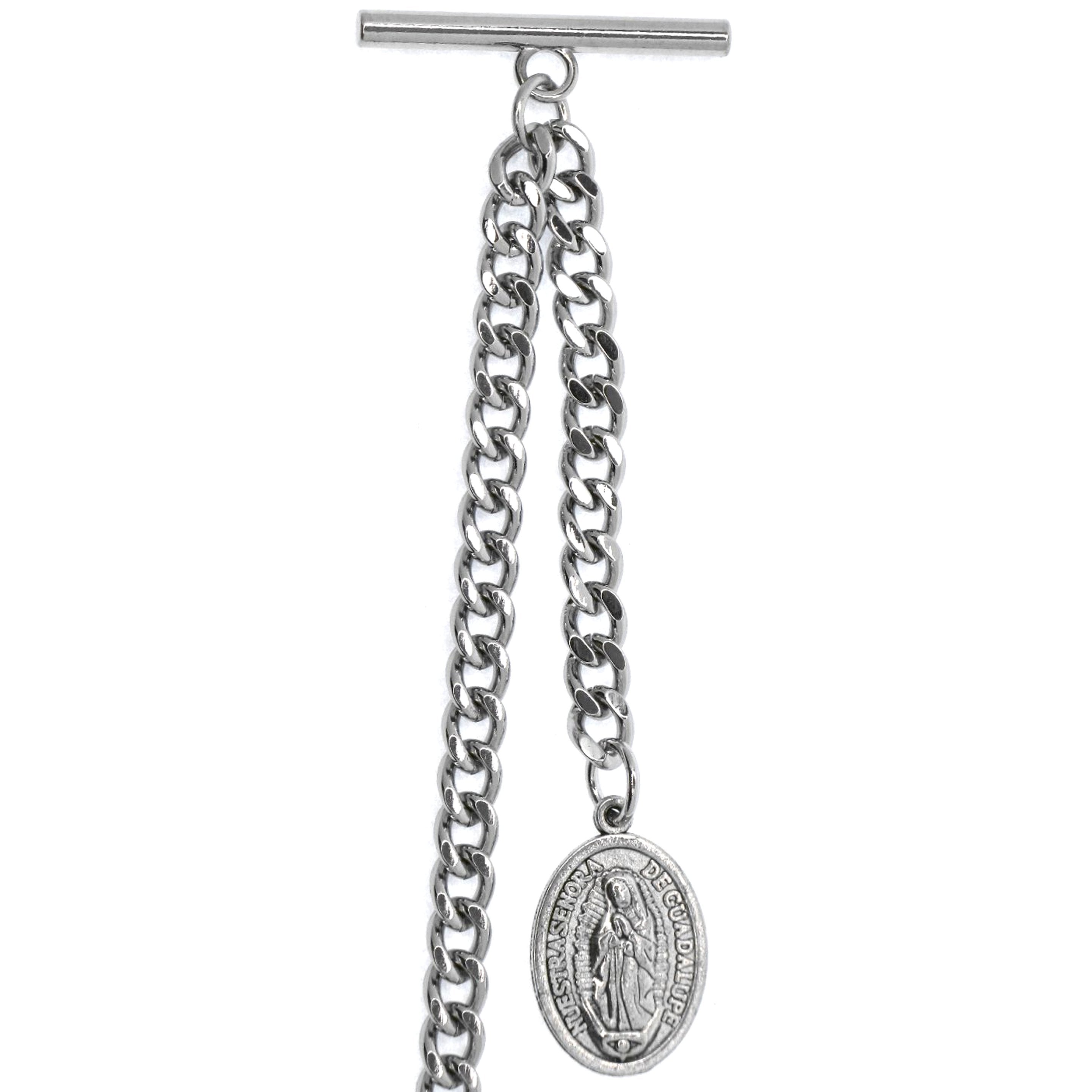 Albert Chain Silver Color Pocket Watch Chain Fob Chain with Lady of Guadalupe Medal Fob with T Bar Swivel Clasp AC200