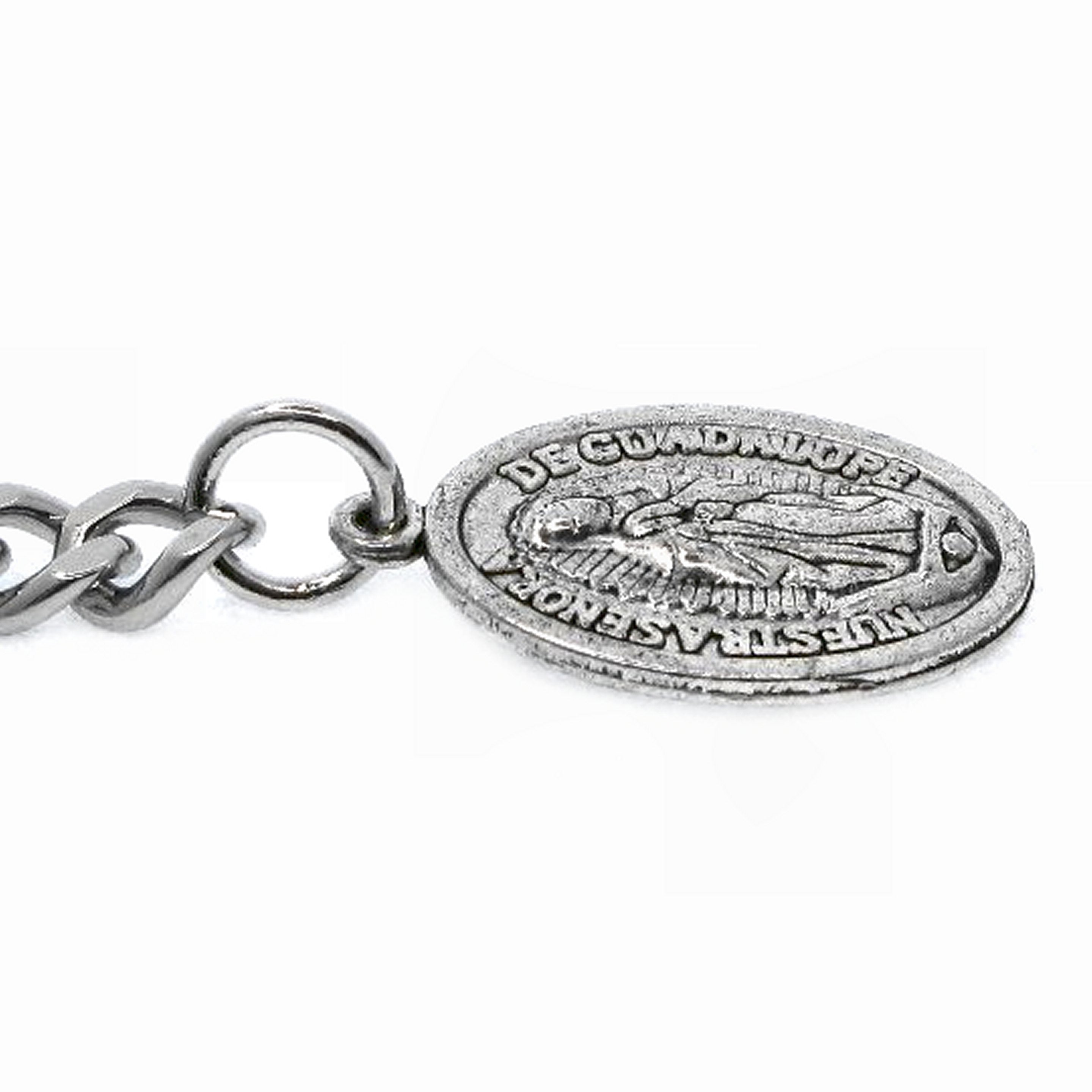 Albert Chain Silver Color Pocket Watch Chain Fob Chain with Lady of Guadalupe Medal Fob with T Bar Swivel Clasp AC200