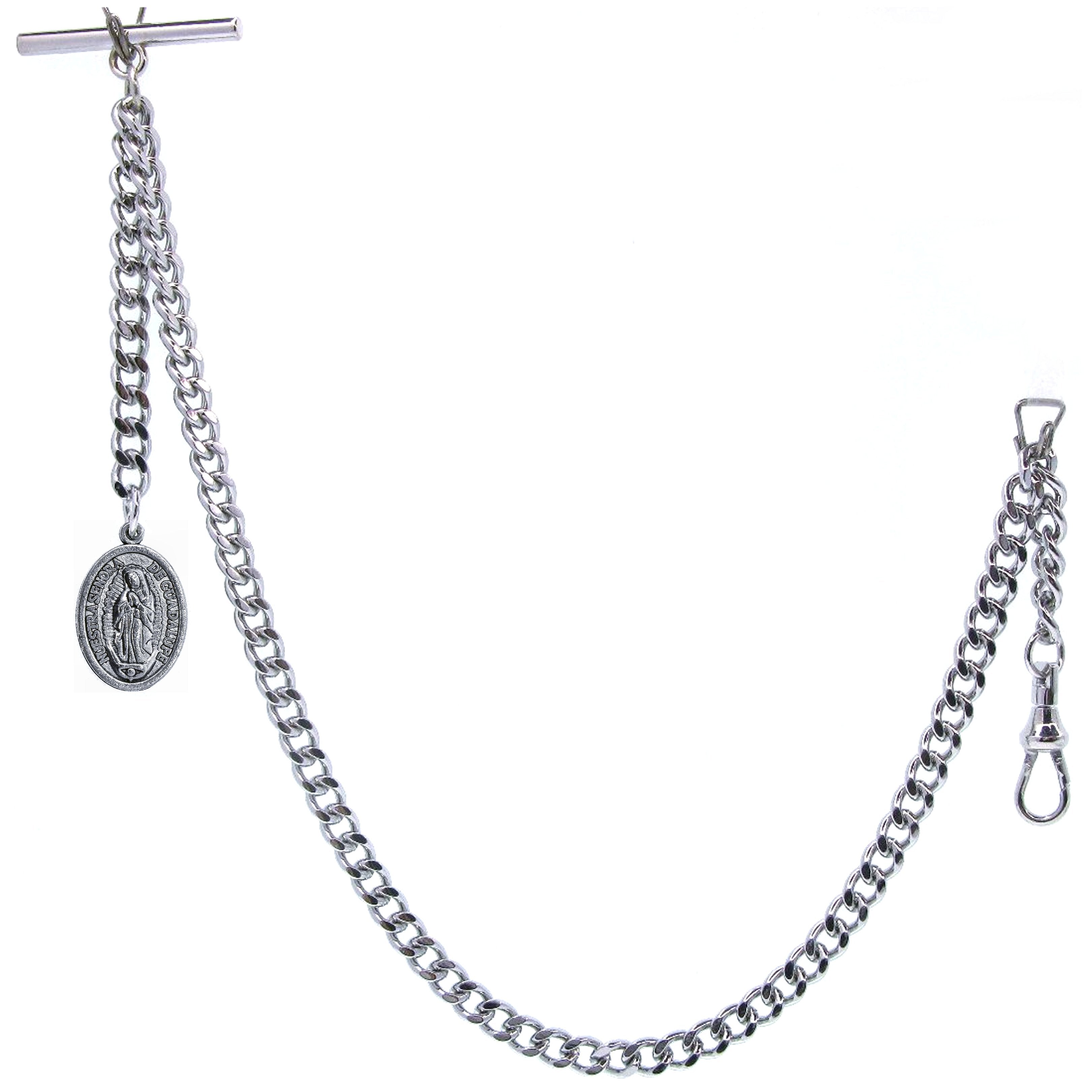 Albert Chain Silver Color Pocket Watch Chain Fob Chain with Lady of Guadalupe Medal Fob with T Bar Swivel Clasp AC200