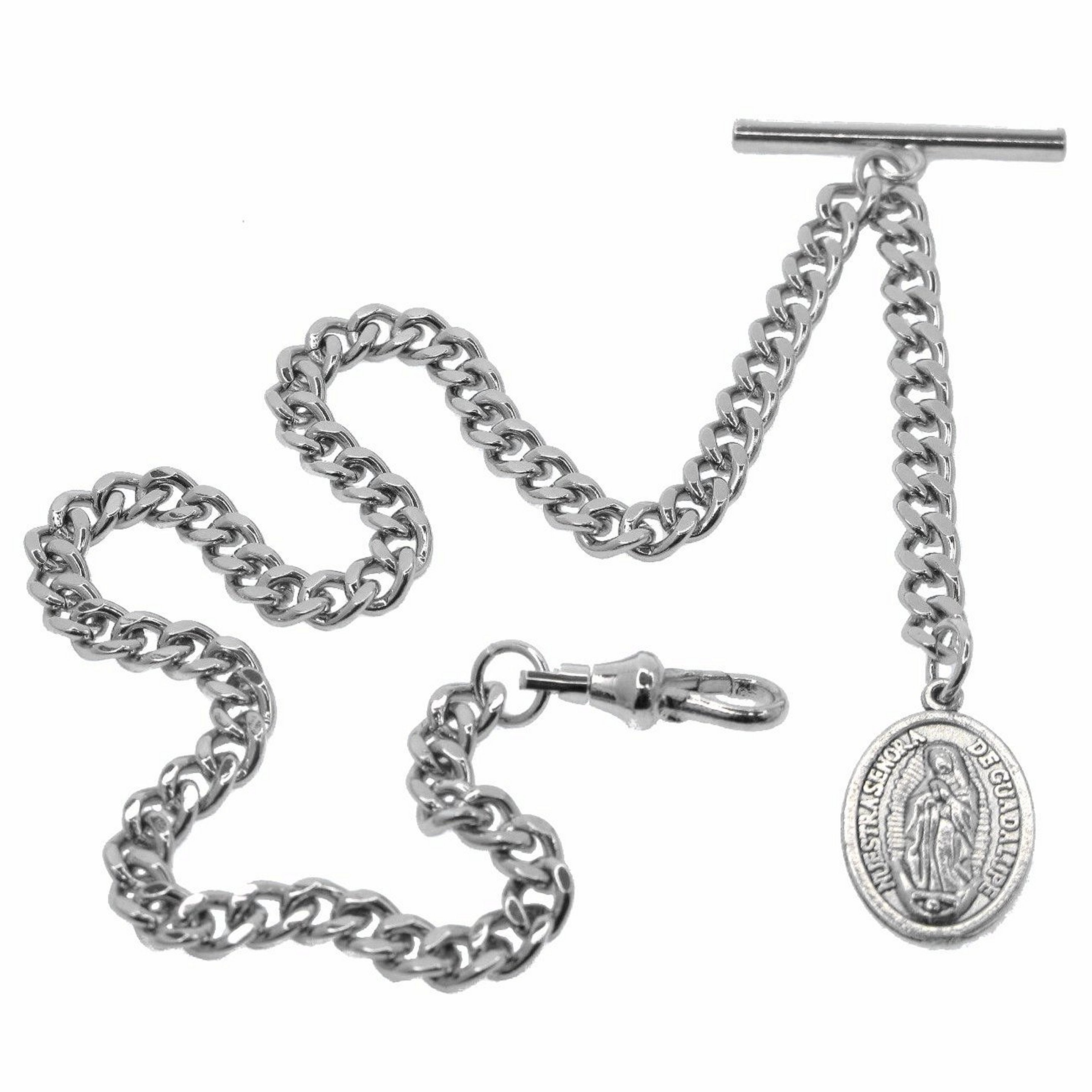 Albert Chain Silver Color Pocket Watch Chain Fob Chain with Lady of Guadalupe Medal Fob with T Bar Swivel Clasp AC200