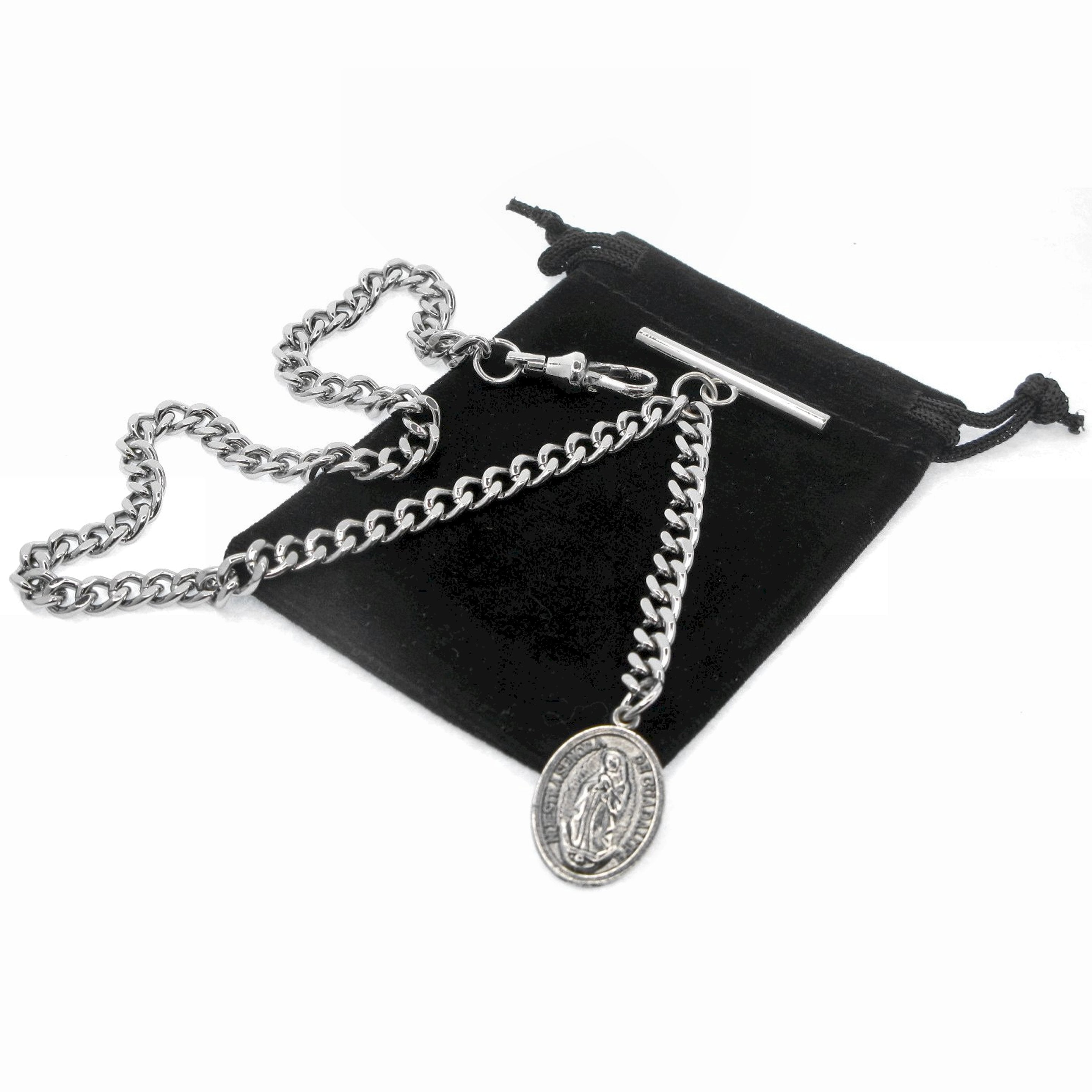 Albert Chain Silver Color Pocket Watch Chain Fob Chain with Lady of Guadalupe Medal Fob with T Bar Swivel Clasp AC200