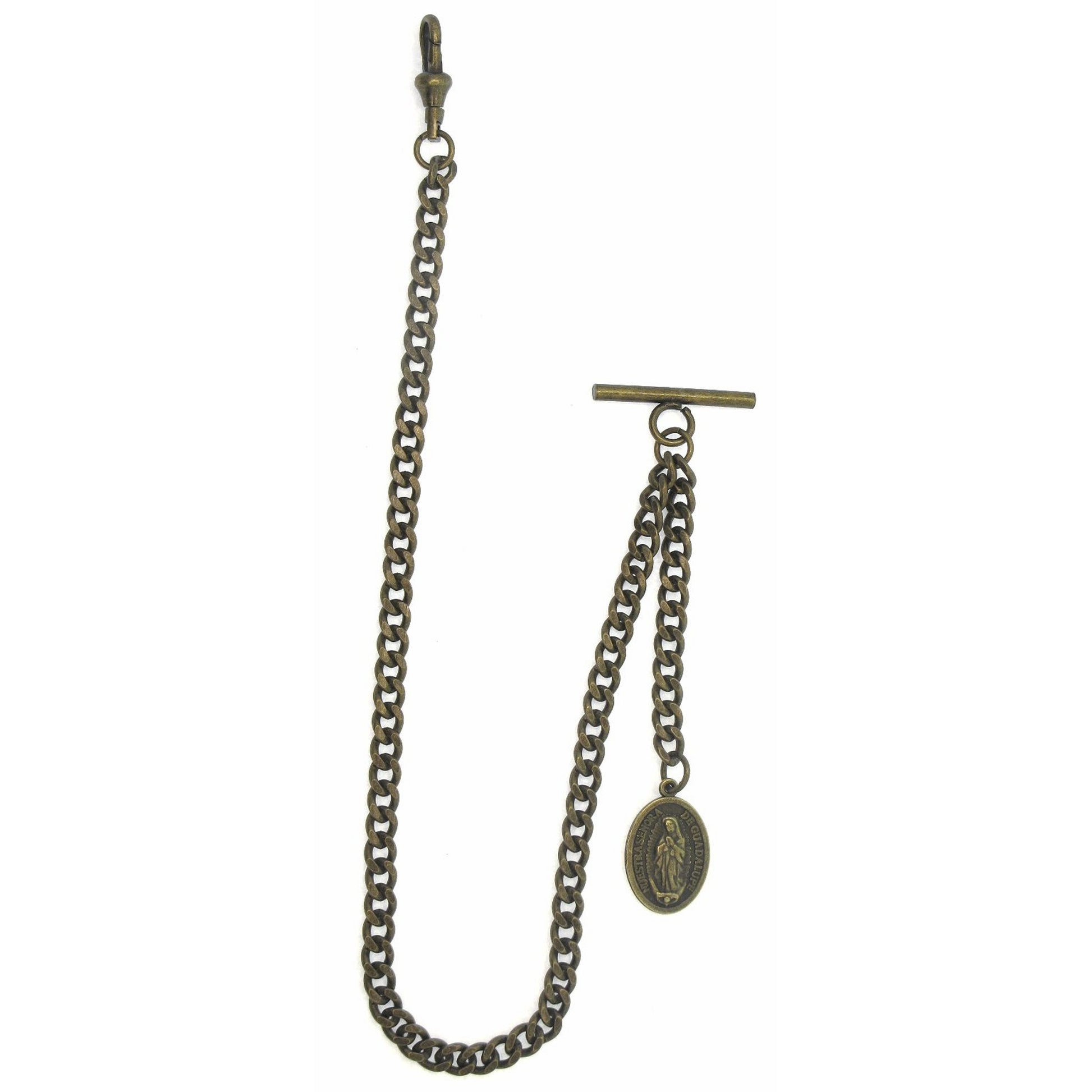 Albert Chain Bronze Color Pocket Watch Chain Fob Chain with Lady of Guadalupe Medal Fob T Bar Swivel Clasp AC201