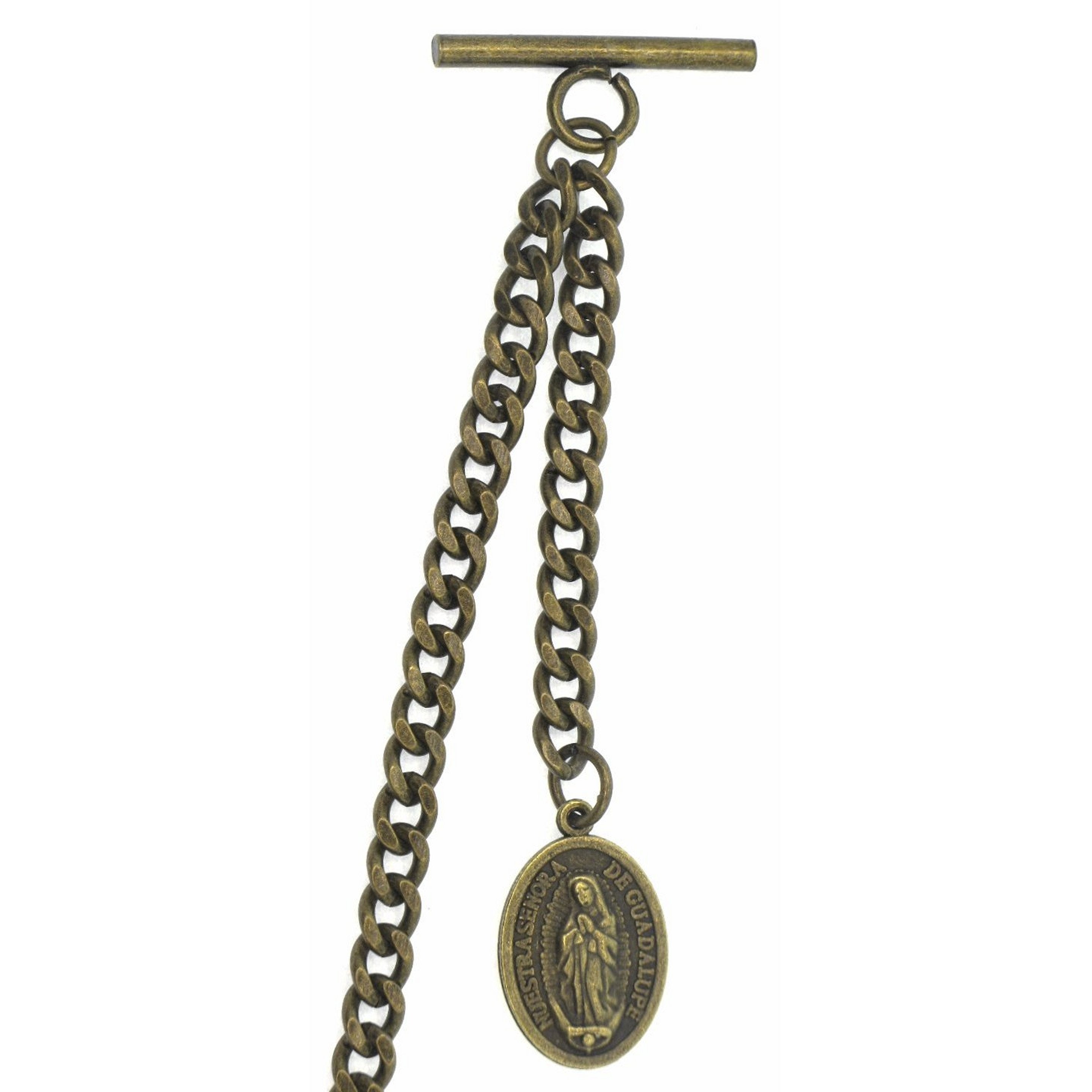 Albert Chain Bronze Color Pocket Watch Chain Fob Chain with Lady of Guadalupe Medal Fob T Bar Swivel Clasp AC201