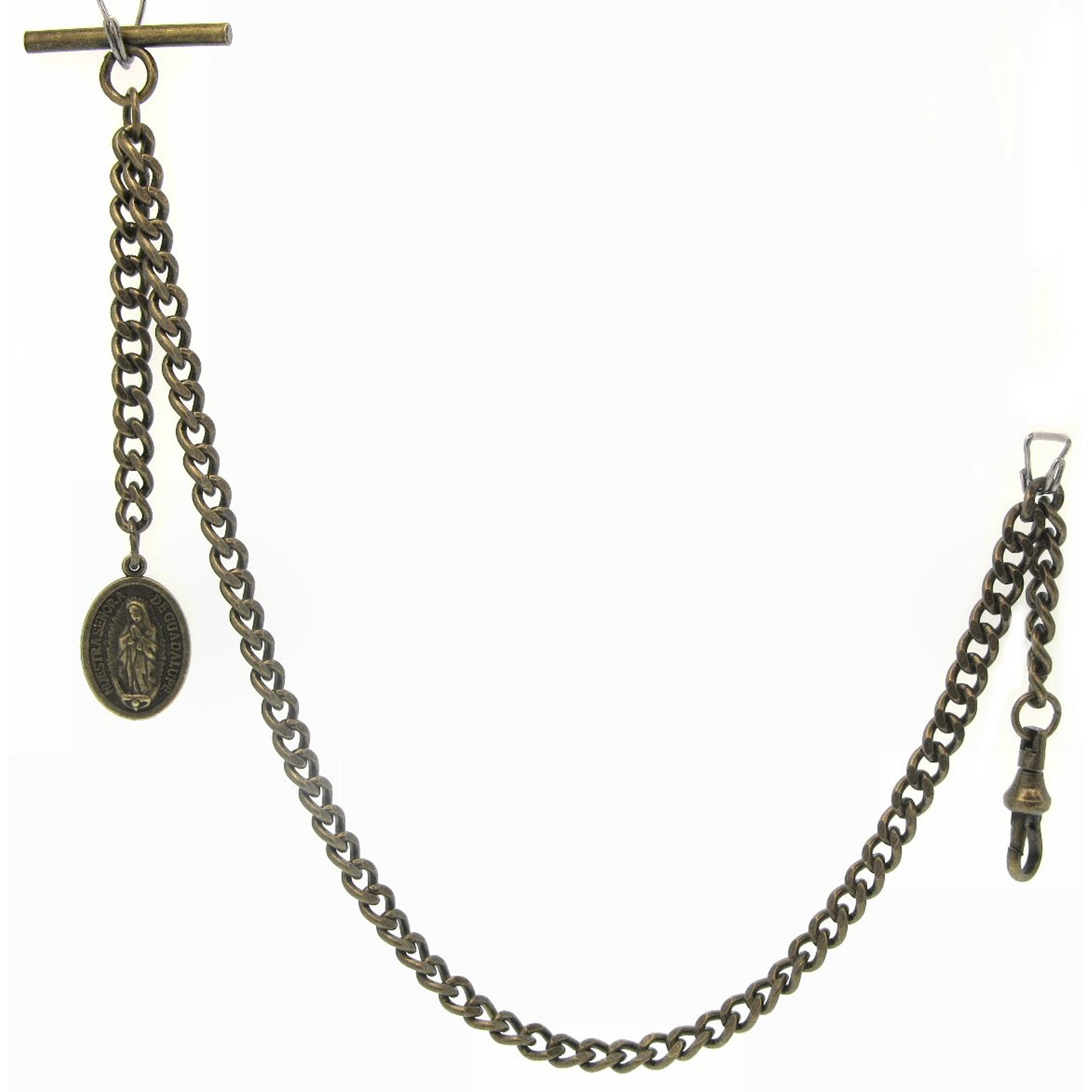 Albert Chain Bronze Color Pocket Watch Chain Fob Chain with Lady of Guadalupe Medal Fob T Bar Swivel Clasp AC201