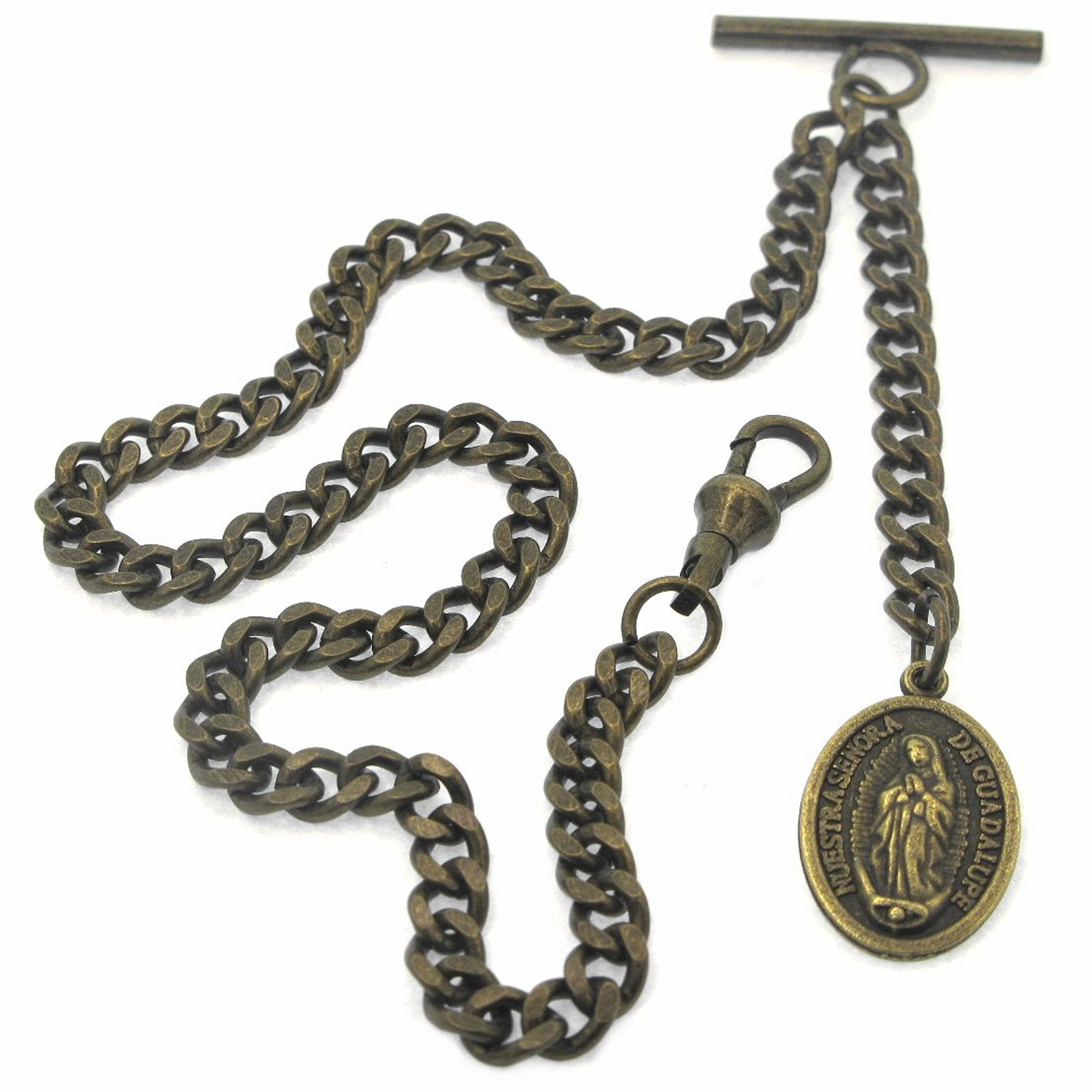 Albert Chain Bronze Color Pocket Watch Chain Fob Chain with Lady of Guadalupe Medal Fob T Bar Swivel Clasp AC201