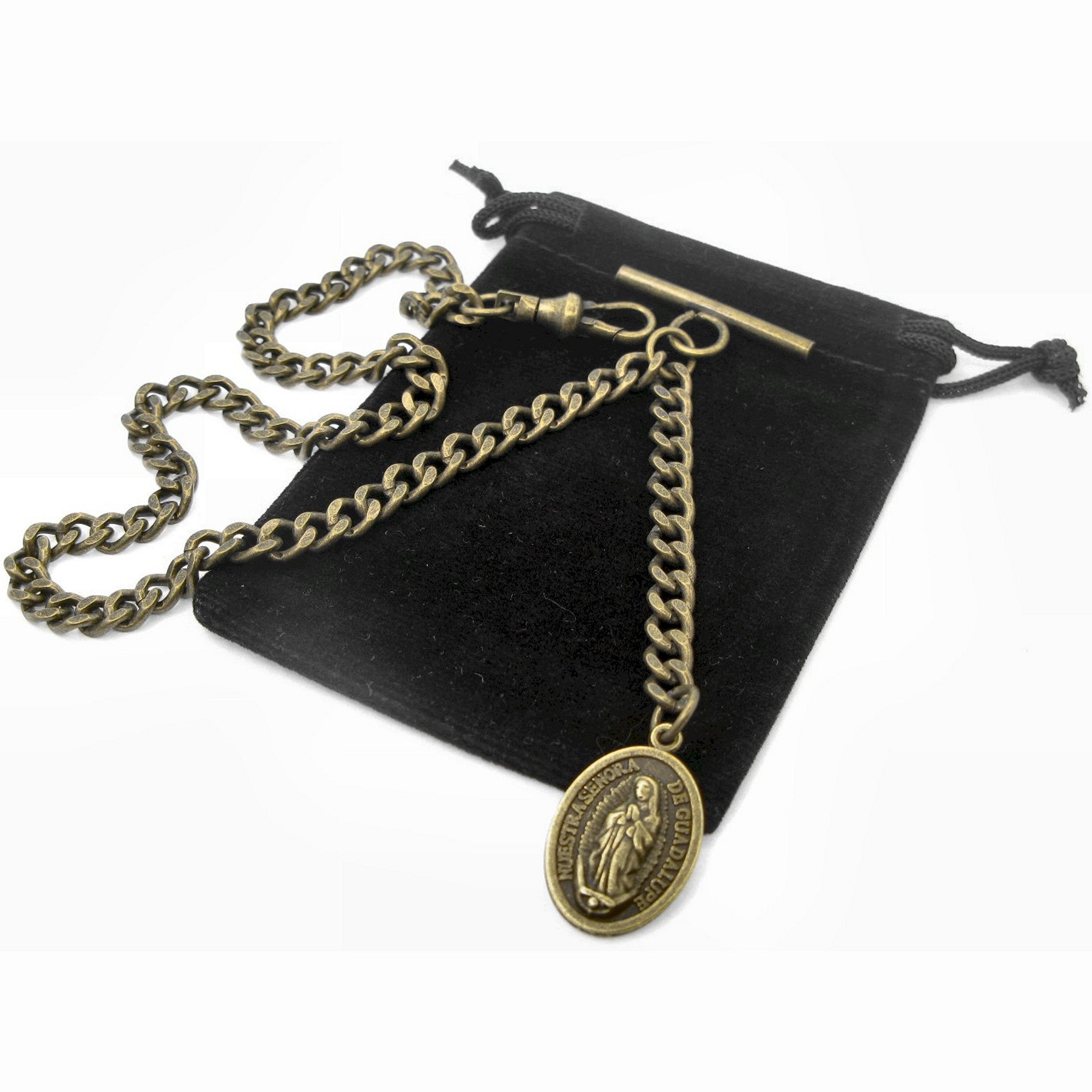 Albert Chain Bronze Color Pocket Watch Chain Fob Chain with Lady of Guadalupe Medal Fob T Bar Swivel Clasp AC201