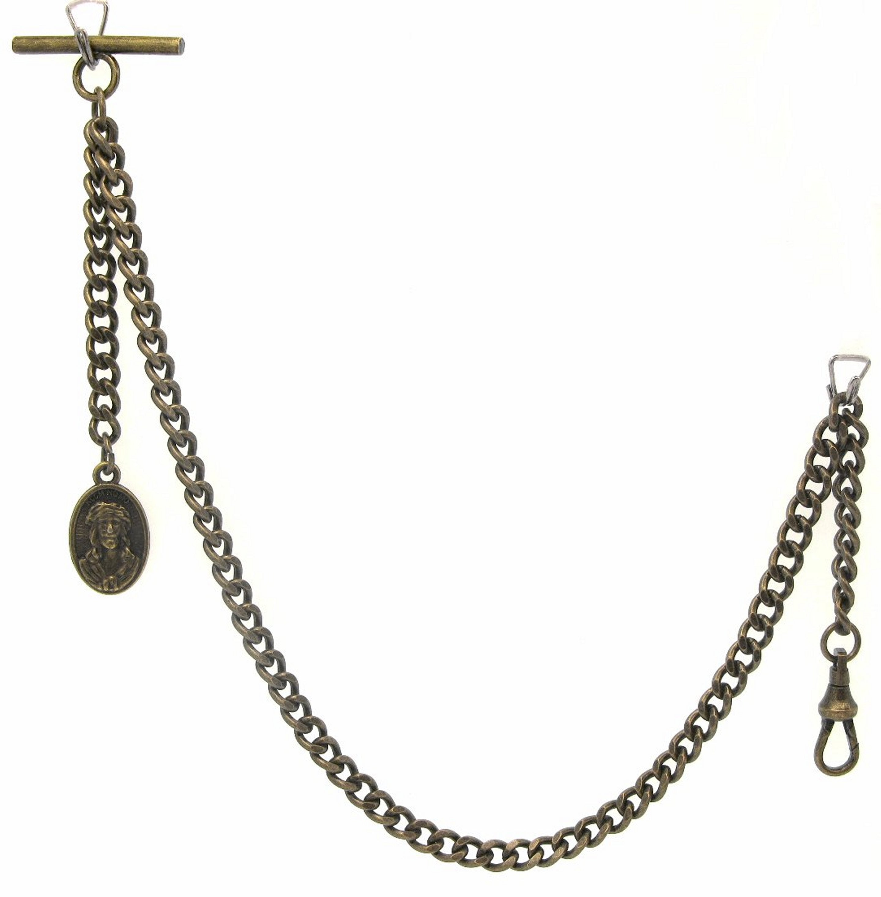 Albert Chain Bronze Color Pocket Watch Chain Fob Chain with Jesus Medal Fob T Bar Swivel Clasp AC203