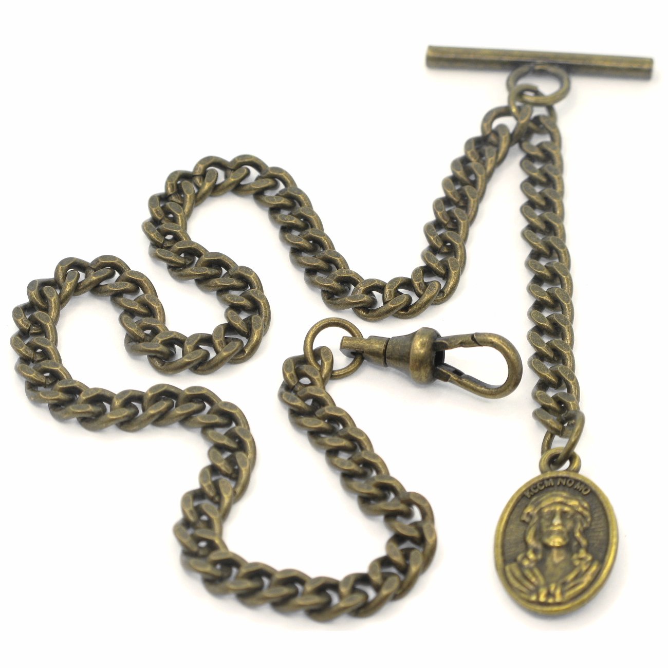Albert Chain Bronze Color Pocket Watch Chain Fob Chain with Jesus Medal Fob T Bar Swivel Clasp AC203