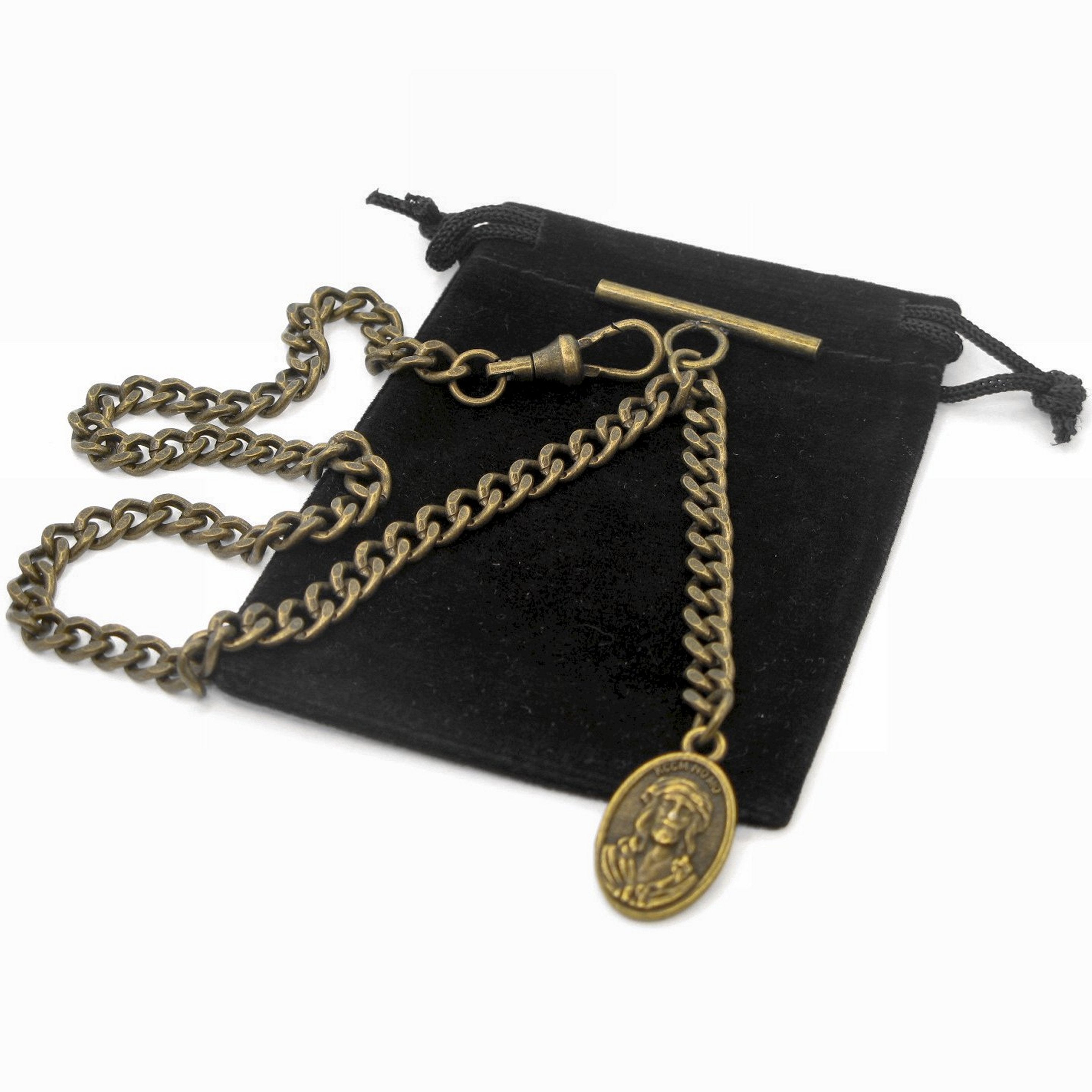 Albert Chain Bronze Color Pocket Watch Chain Fob Chain with Jesus Medal Fob T Bar Swivel Clasp AC203