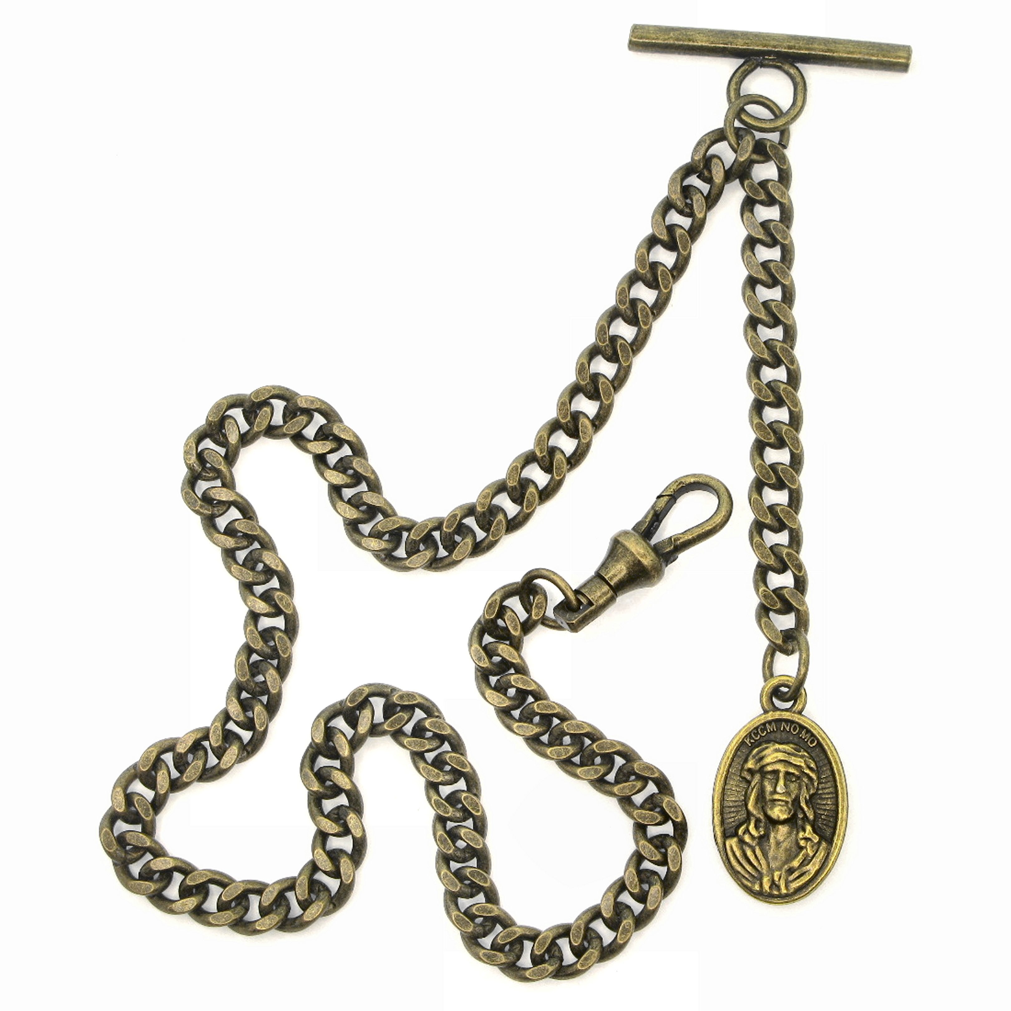 Albert Chain Bronze Color Pocket Watch Chain Fob Chain with Jesus Medal Fob T Bar Swivel Clasp AC203
