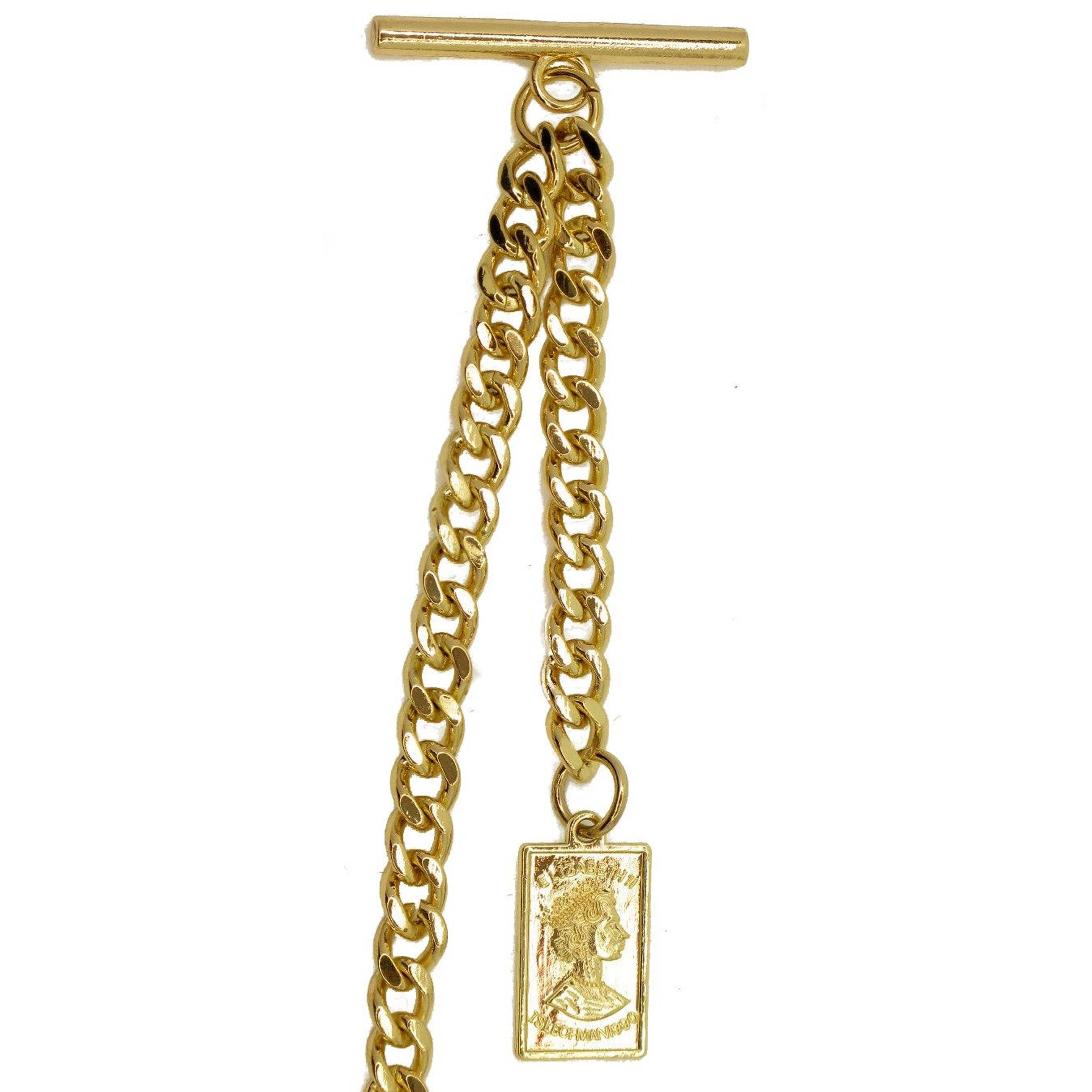 Albert Chain Gold Color Pocket Watch Chain Fob Chain for Men with Queen Elizabeth Medal Fob Swivel Clasp and T Bar AC204