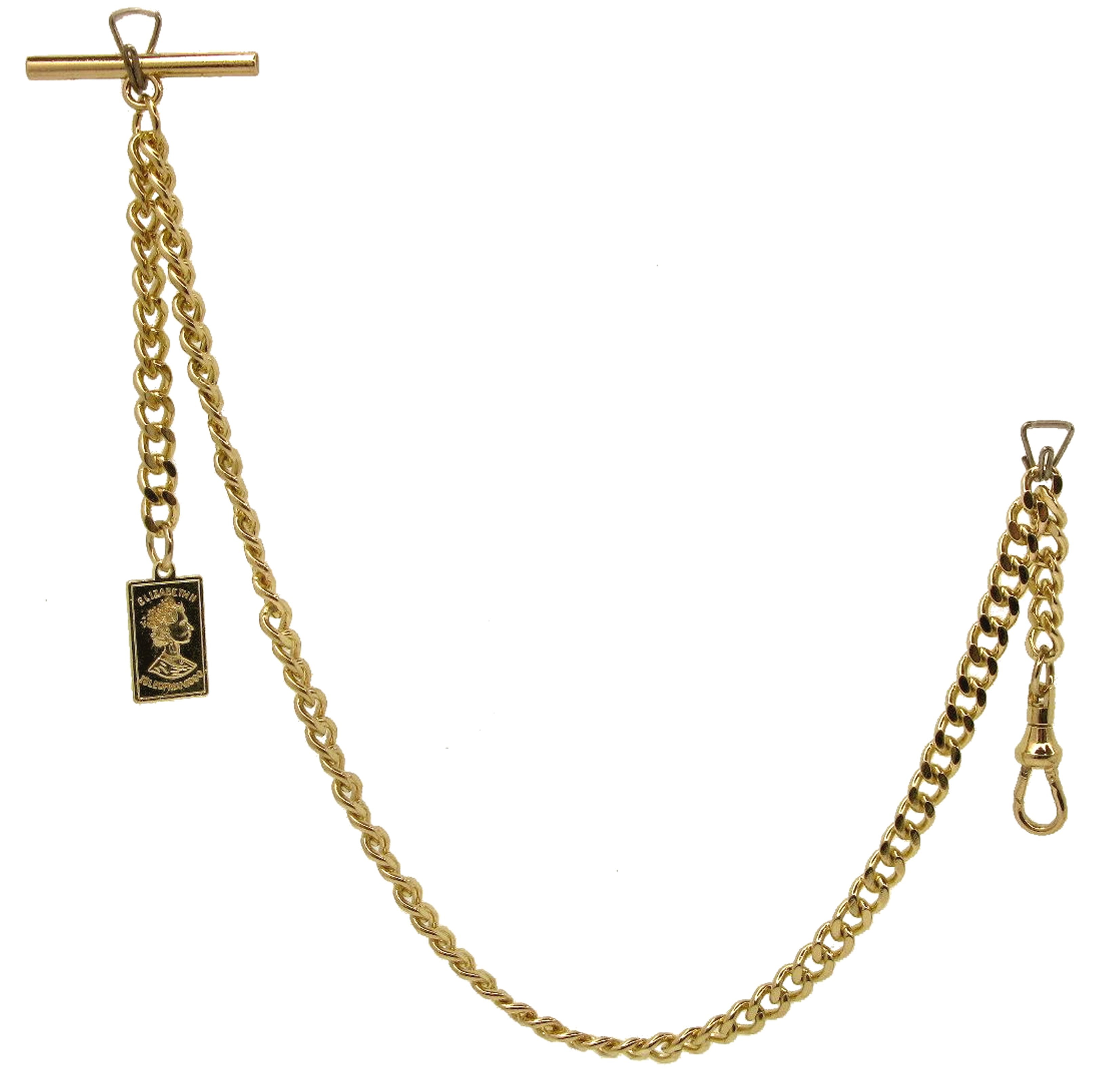 Albert Chain Gold Color Pocket Watch Chain Fob Chain for Men with Queen Elizabeth Medal Fob Swivel Clasp and T Bar AC204