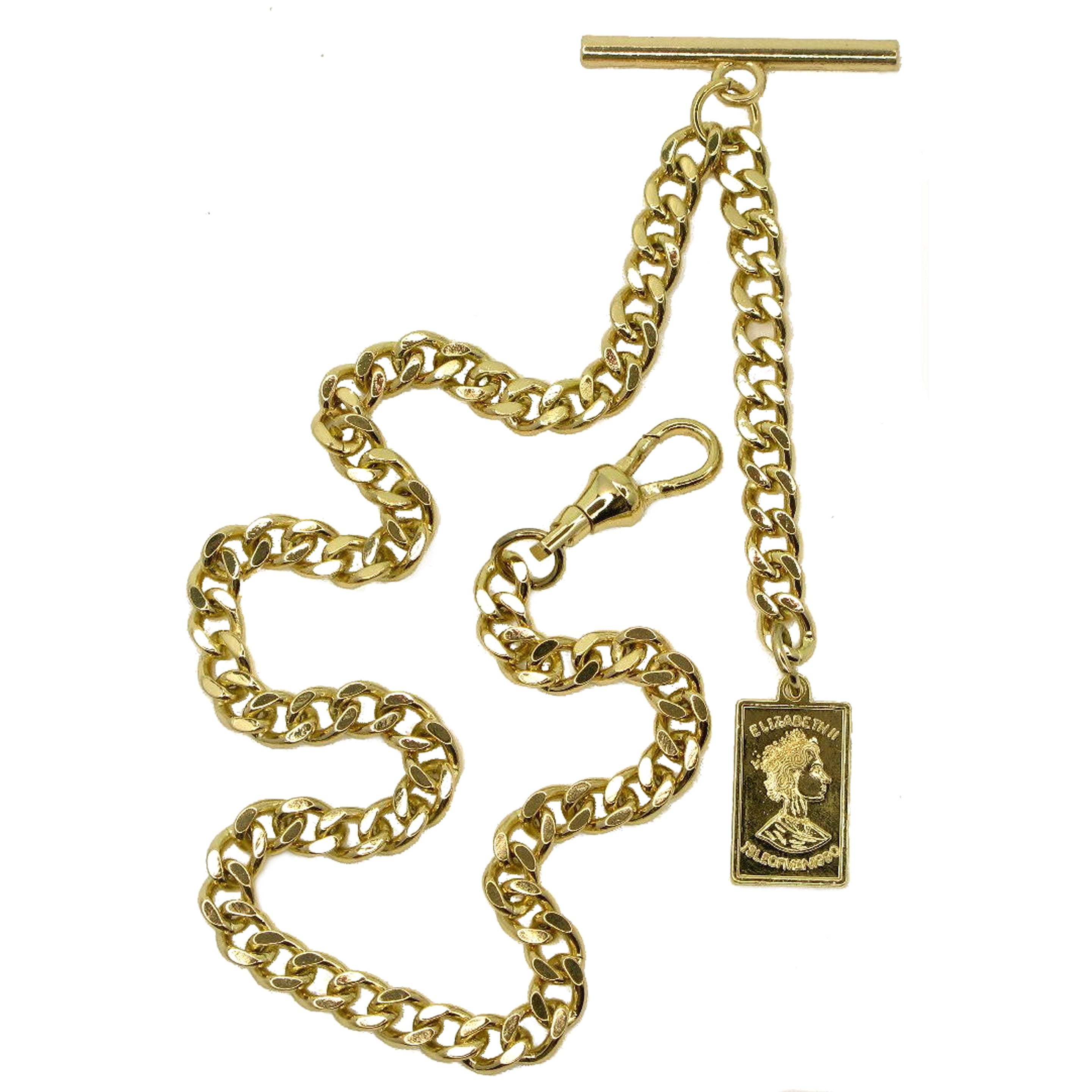 Albert Chain Gold Color Pocket Watch Chain Fob Chain for Men with Queen Elizabeth Medal Fob Swivel Clasp and T Bar AC204