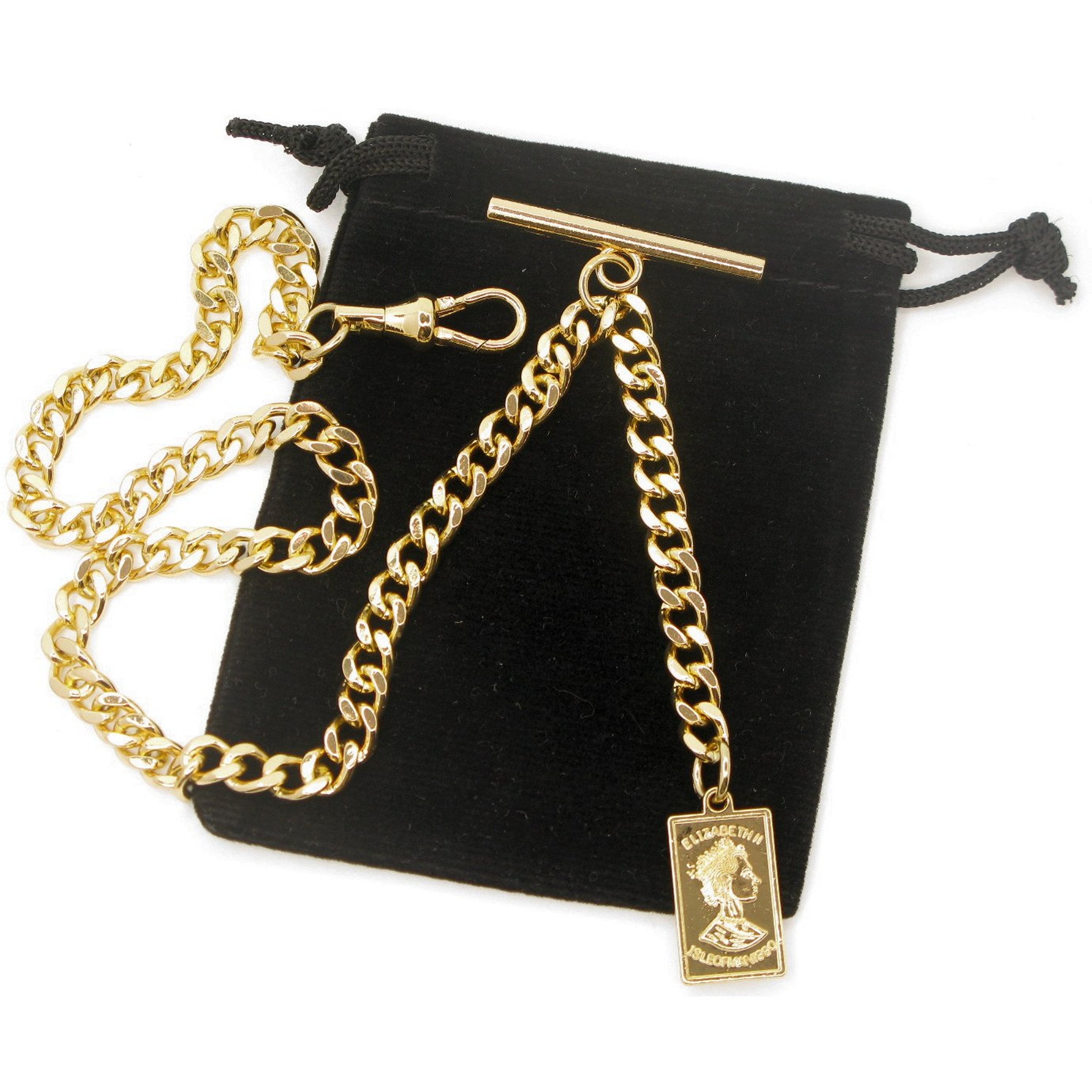 Albert Chain Gold Color Pocket Watch Chain Fob Chain for Men with Queen Elizabeth Medal Fob Swivel Clasp and T Bar AC204