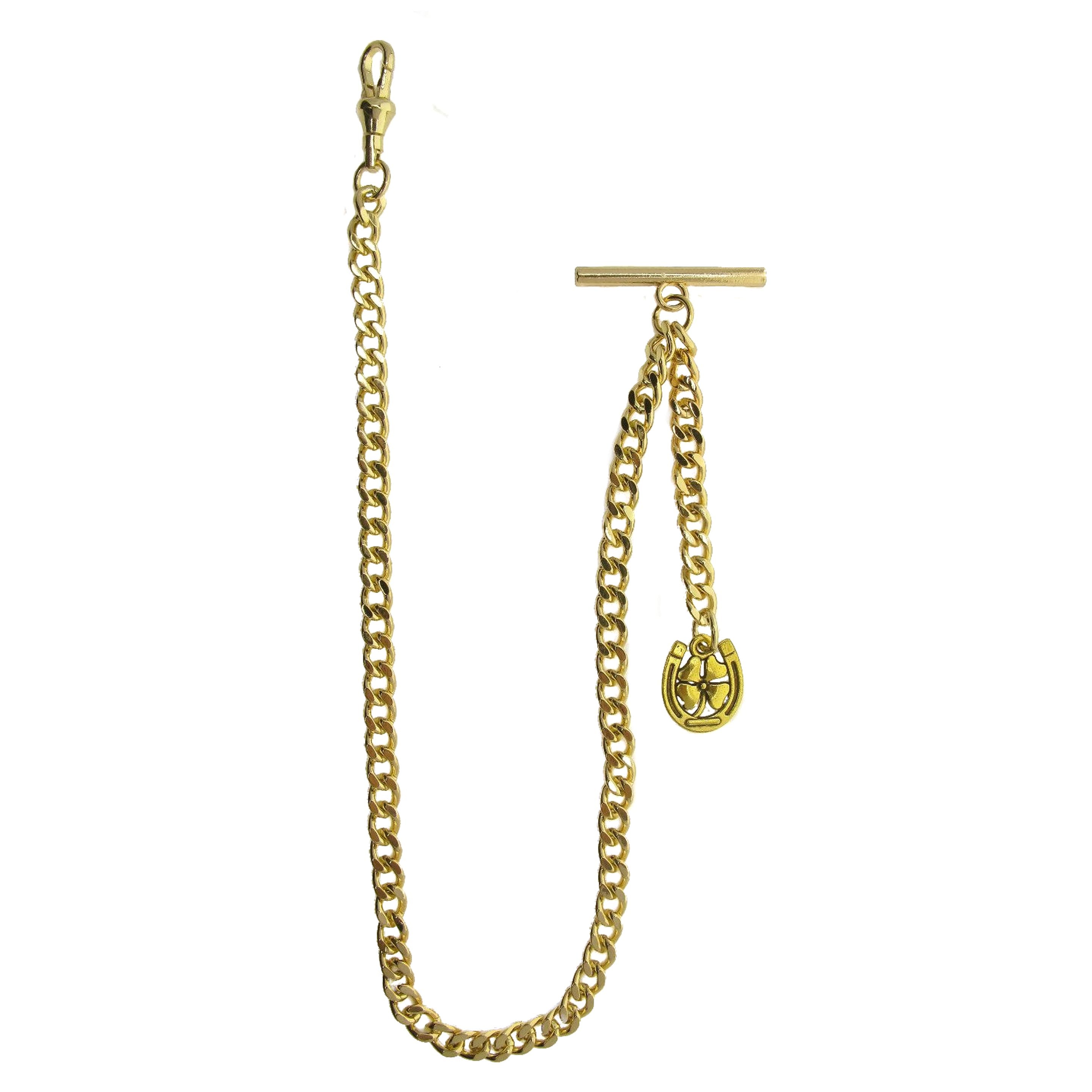 Albert Chain Gold Tone Fine Polish Pocket Watch Chain Vest Chain for Men with Lucky Four Leaf Clover Fob T-Bar Swivel Clasp AC210