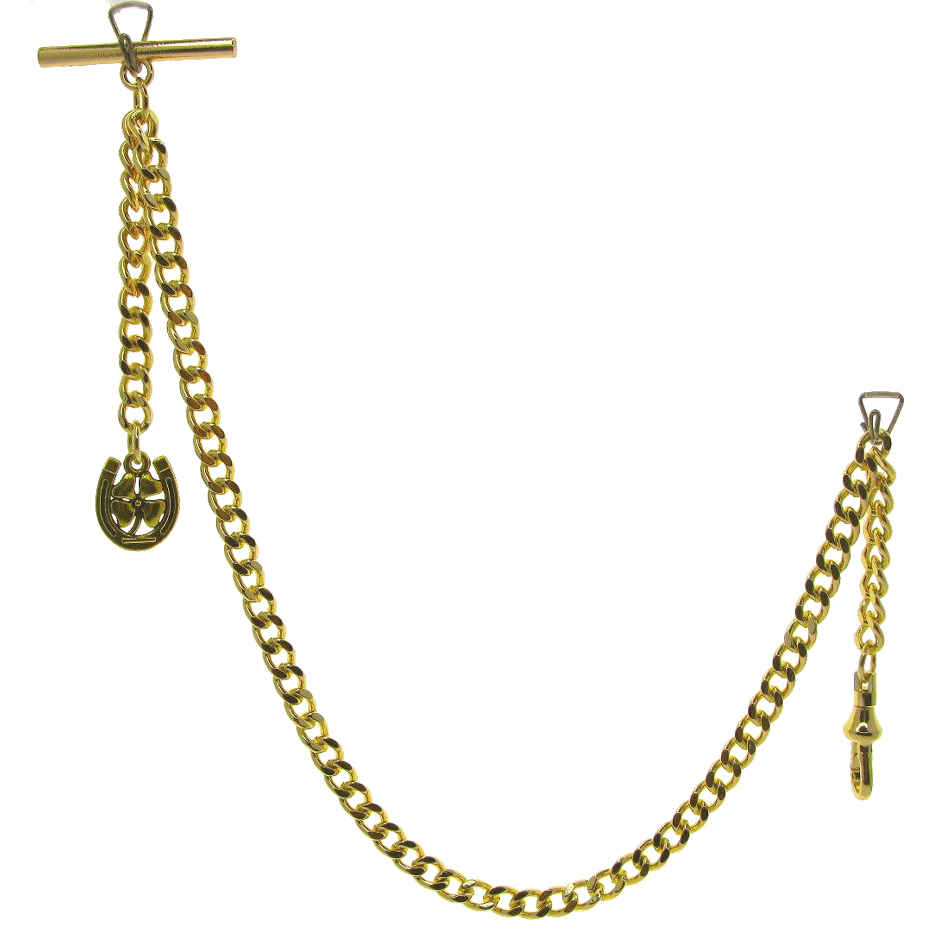 Albert Chain Gold Tone Fine Polish Pocket Watch Chain Vest Chain for Men with Lucky Four Leaf Clover Fob T-Bar Swivel Clasp AC210