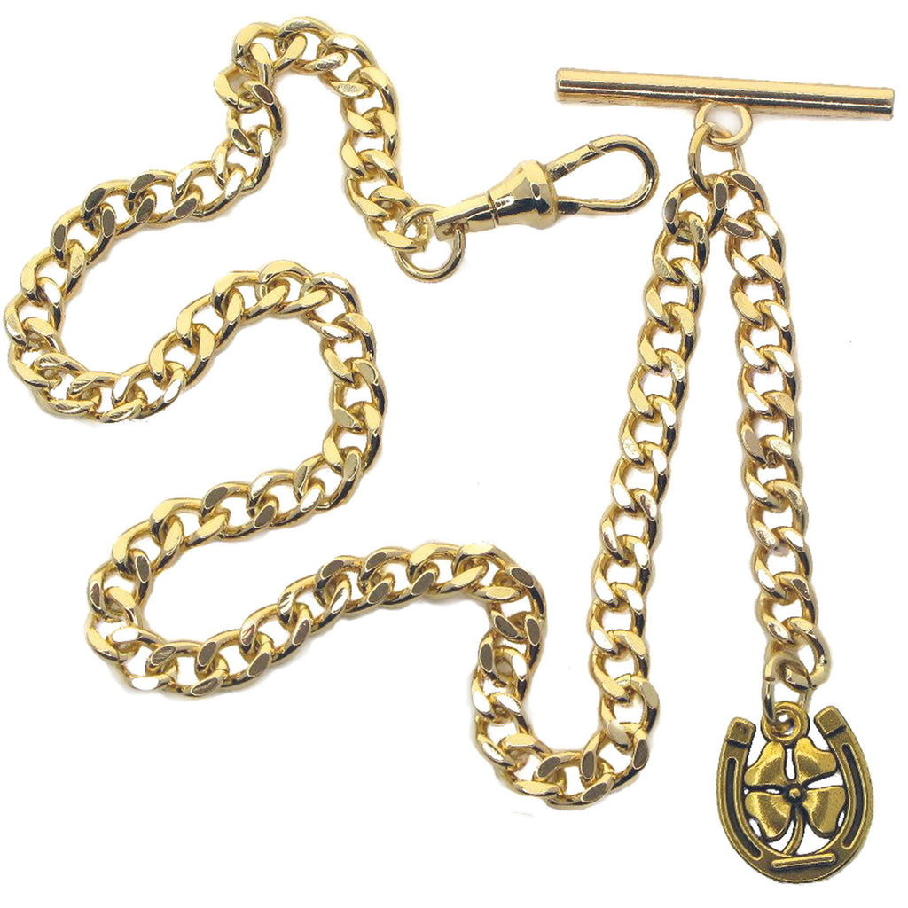 Albert Chain Gold Tone Fine Polish Pocket Watch Chain Vest Chain for Men with Lucky Four Leaf Clover Fob T-Bar Swivel Clasp AC210