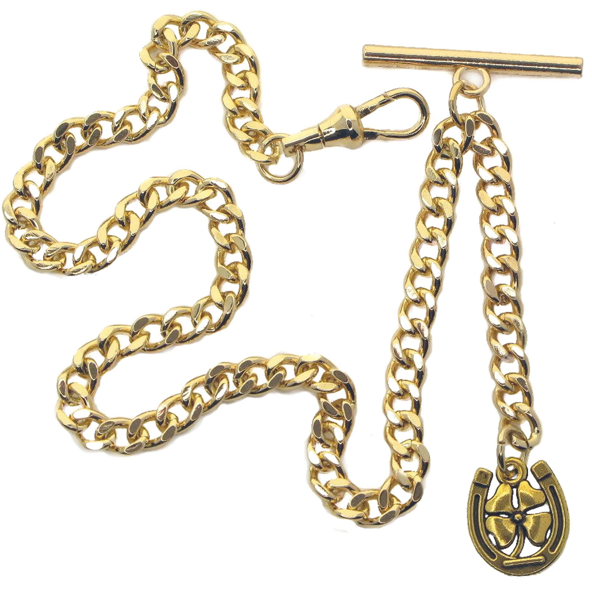 Albert Chain Gold Tone Fine Polish Pocket Watch Chain Vest Chain for Men with Lucky Four Leaf Clover Fob T-Bar Swivel Clasp AC210