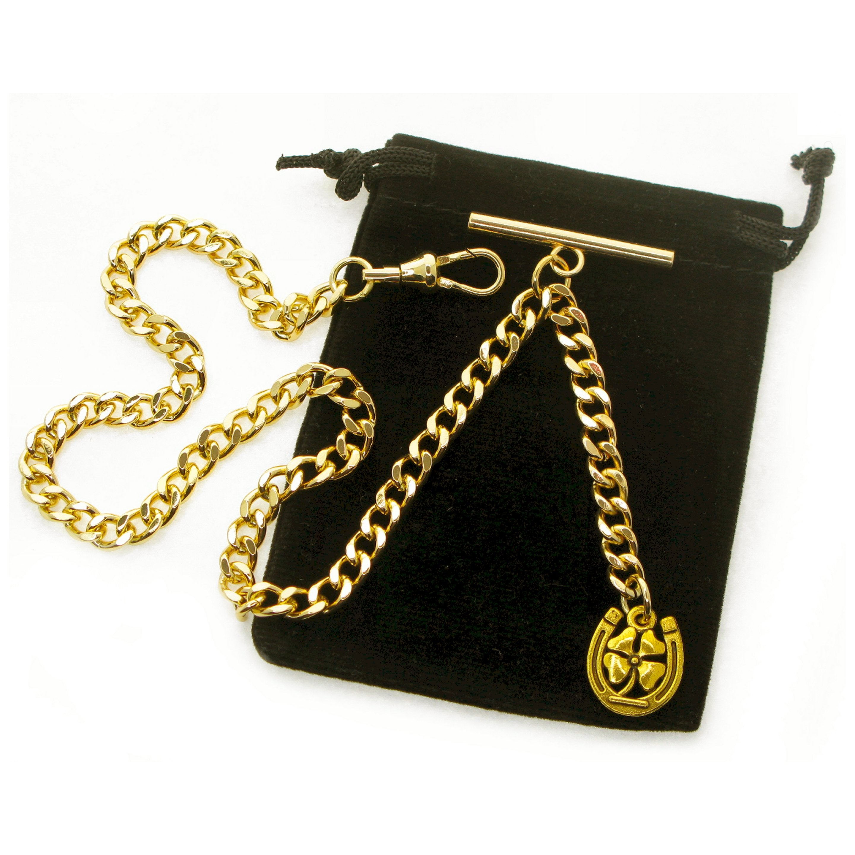 Albert Chain Gold Tone Fine Polish Pocket Watch Chain Vest Chain for Men with Lucky Four Leaf Clover Fob T-Bar Swivel Clasp AC210