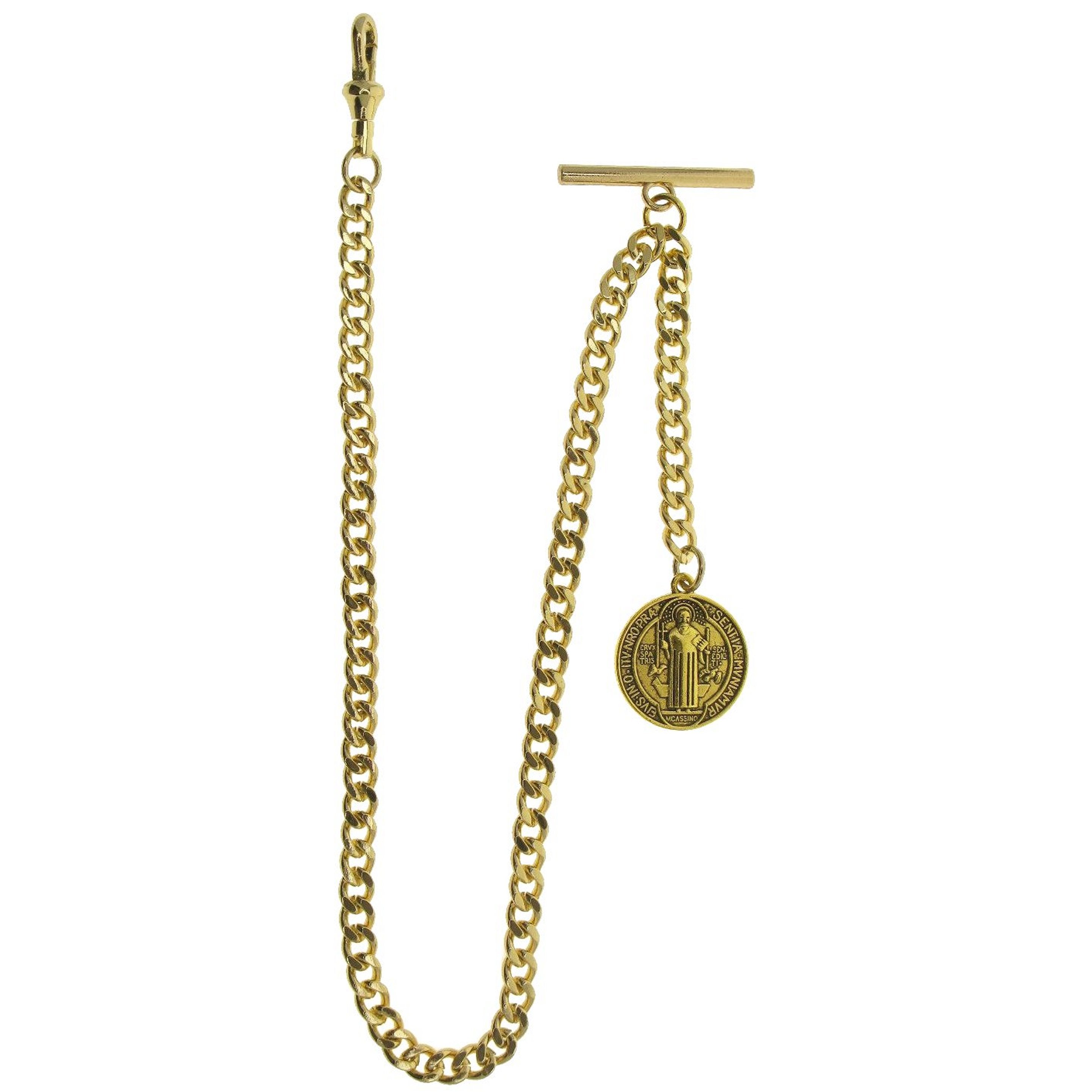 watchvshop Albert Chain Gold Color Pocket Watch Chain Fob Chain for Men with Saint Benedict Medal Fob Swivel Clasp and T Bar AC212