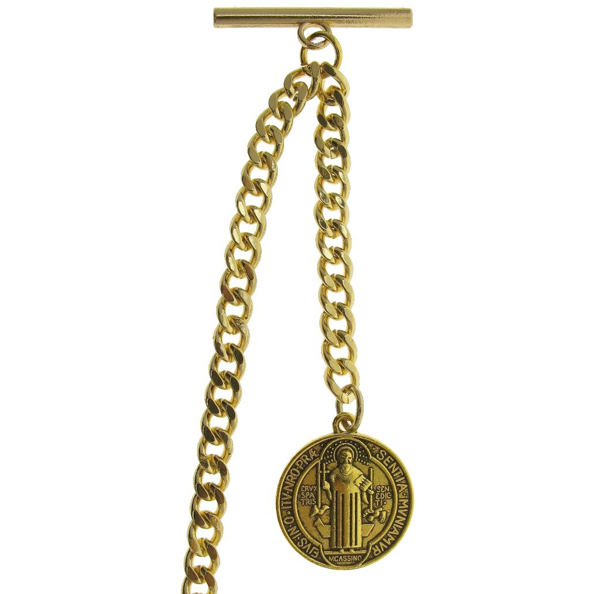 watchvshop Albert Chain Gold Color Pocket Watch Chain Fob Chain for Men with Saint Benedict Medal Fob Swivel Clasp and T Bar AC212