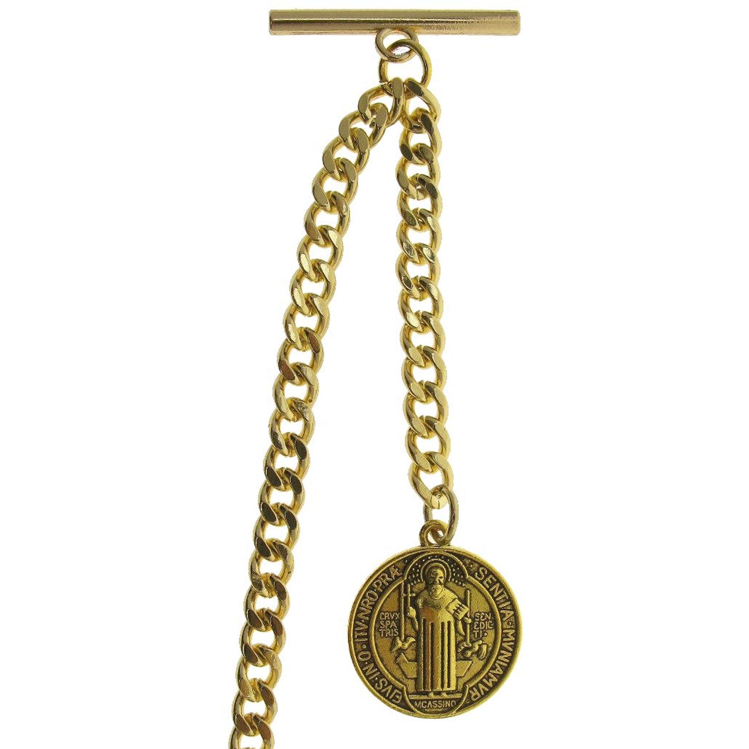 watchvshop Albert Chain Gold Color Pocket Watch Chain Fob Chain for Men with Saint Benedict Medal Fob Swivel Clasp and T Bar AC212