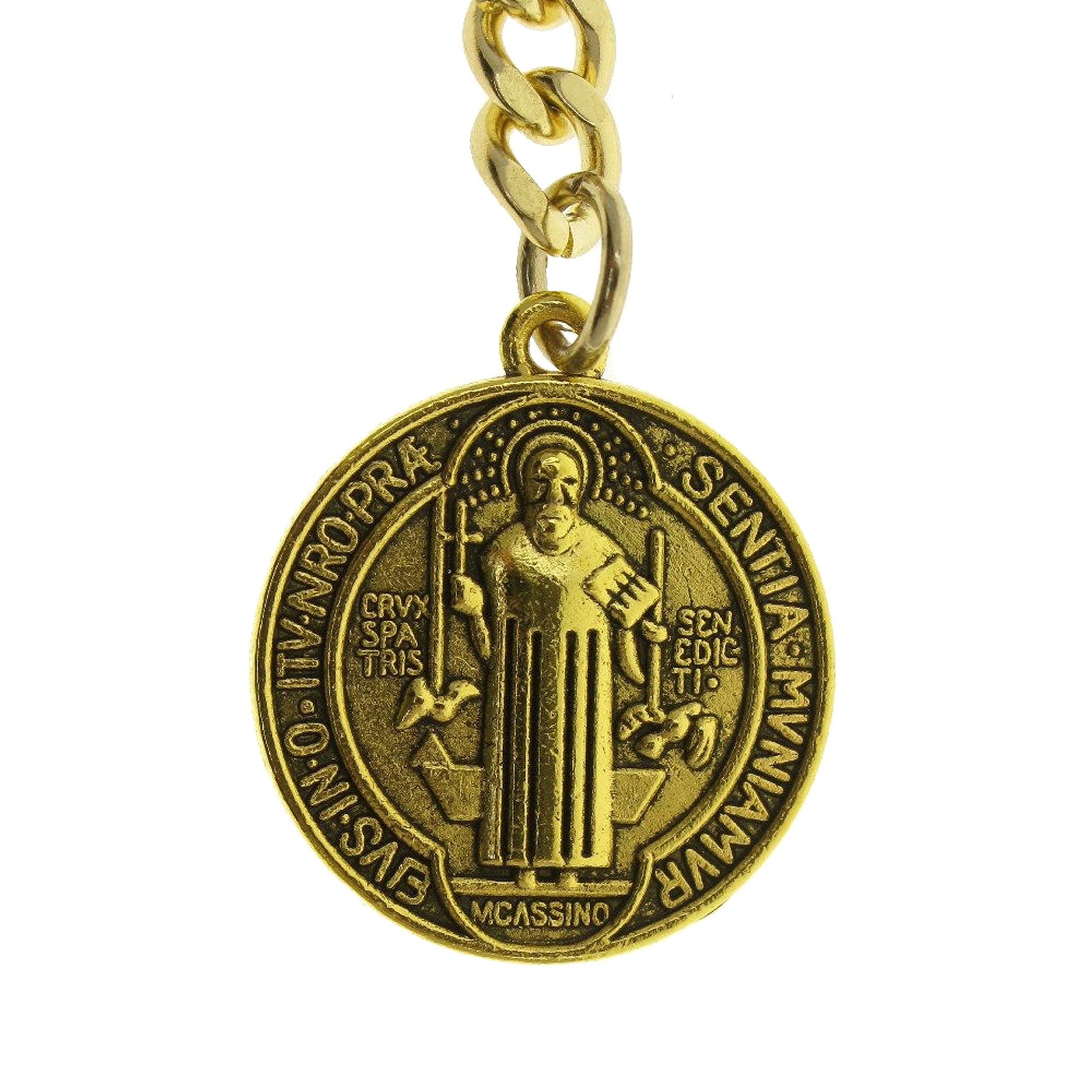 watchvshop Albert Chain Gold Color Pocket Watch Chain Fob Chain for Men with Saint Benedict Medal Fob Swivel Clasp and T Bar AC212