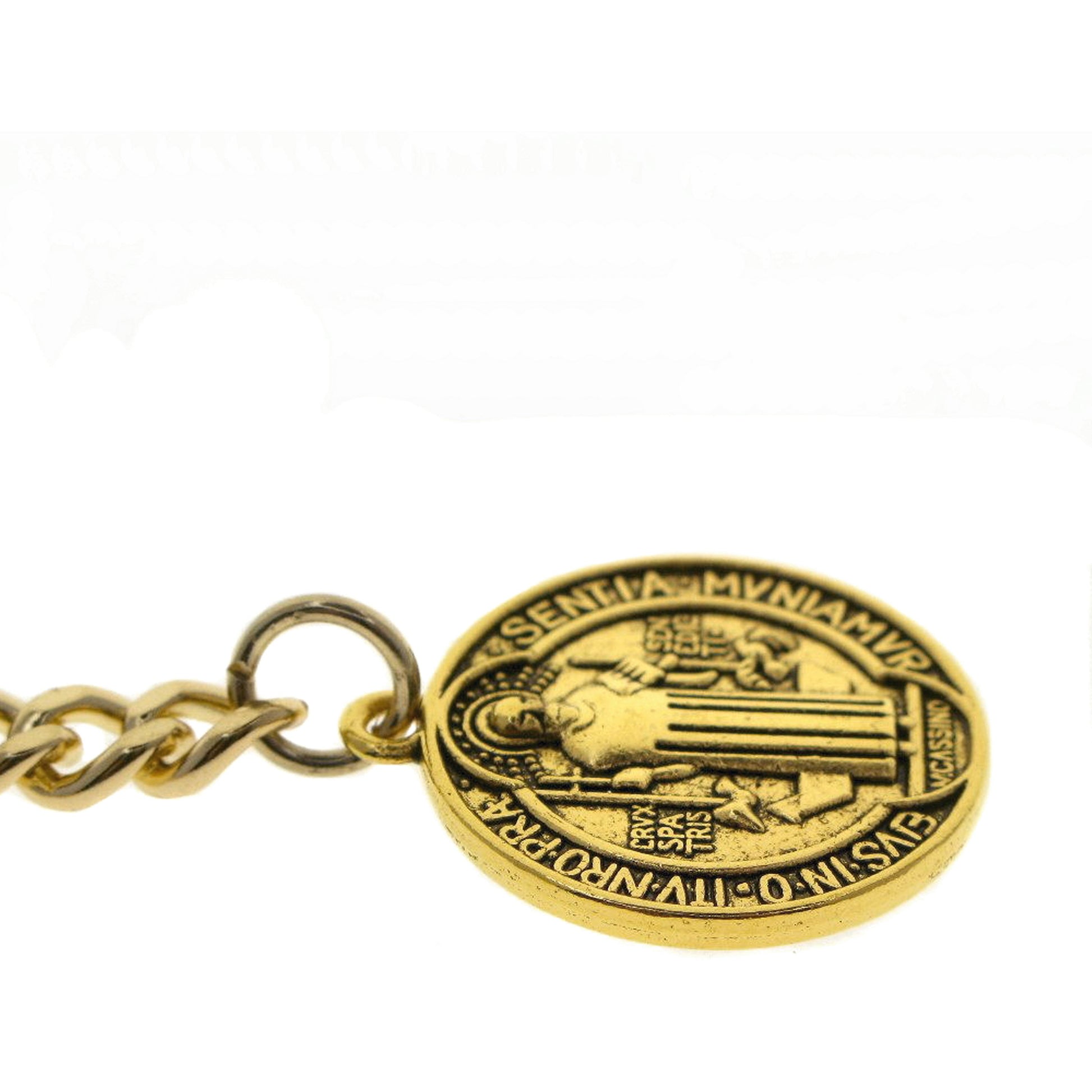watchvshop Albert Chain Gold Color Pocket Watch Chain Fob Chain for Men with Saint Benedict Medal Fob Swivel Clasp and T Bar AC212