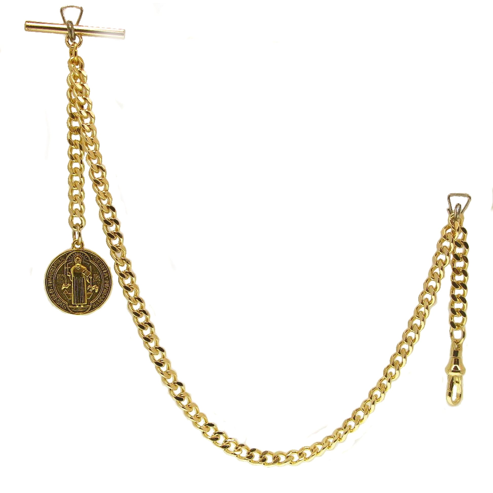 watchvshop Albert Chain Gold Color Pocket Watch Chain Fob Chain for Men with Saint Benedict Medal Fob Swivel Clasp and T Bar AC212