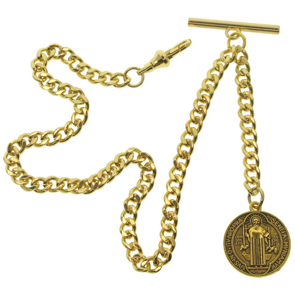 watchvshop Albert Chain Gold Color Pocket Watch Chain Fob Chain for Men with Saint Benedict Medal Fob Swivel Clasp and T Bar AC212