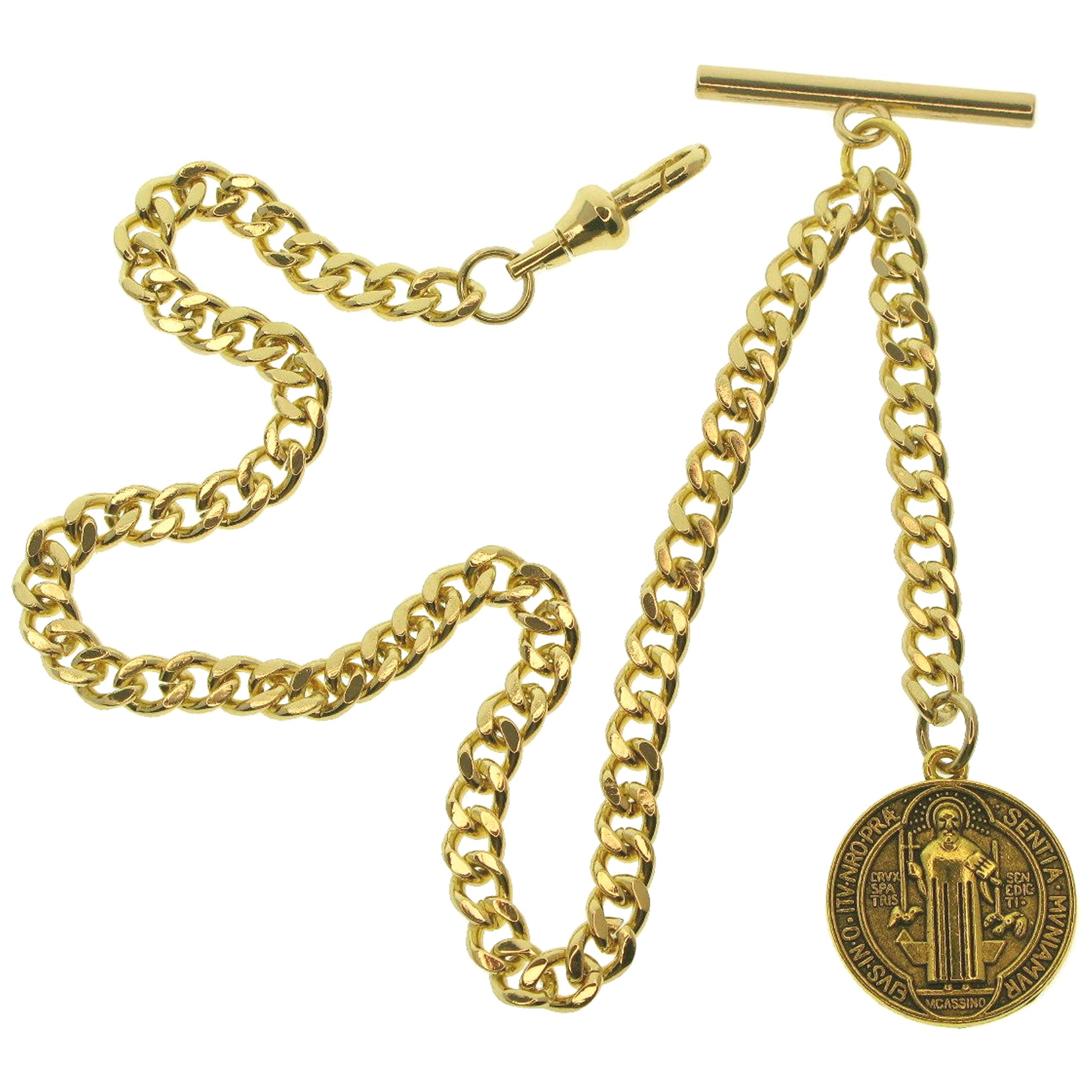 watchvshop Albert Chain Gold Color Pocket Watch Chain Fob Chain for Men with Saint Benedict Medal Fob Swivel Clasp and T Bar AC212