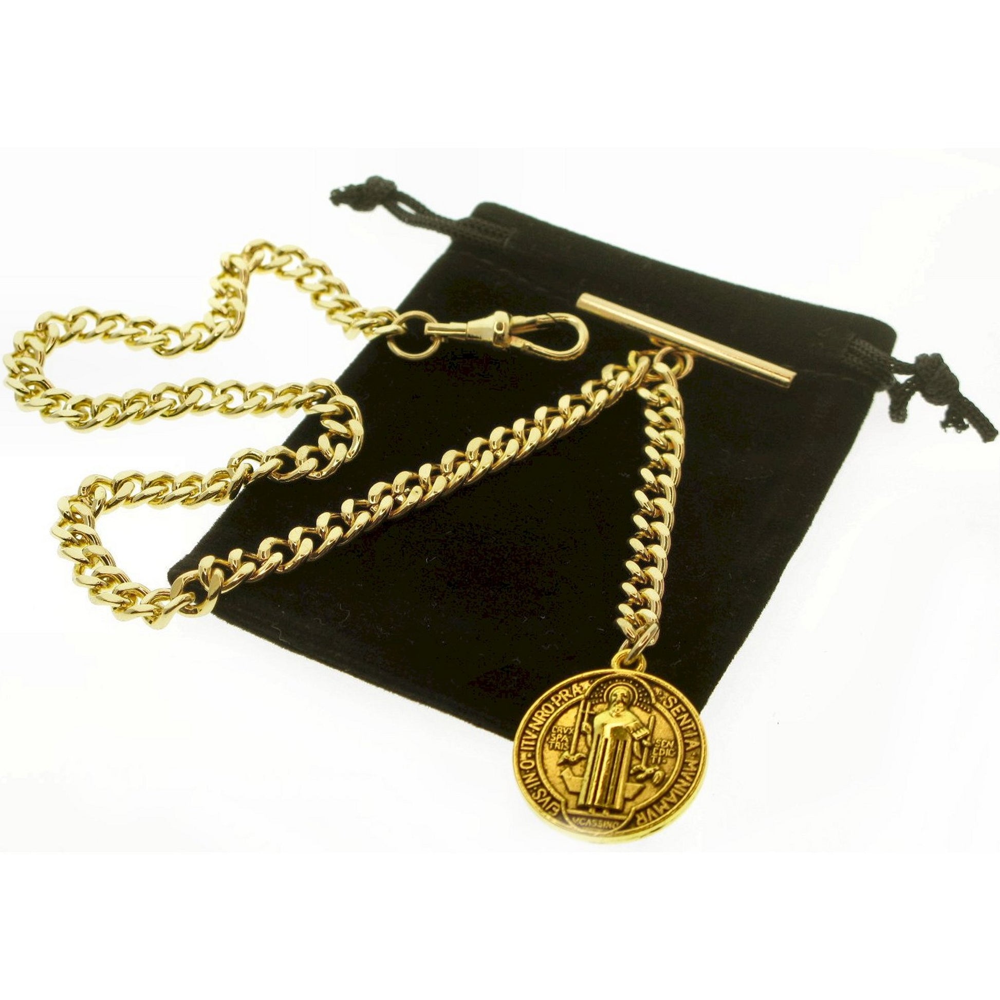 watchvshop Albert Chain Gold Color Pocket Watch Chain Fob Chain for Men with Saint Benedict Medal Fob Swivel Clasp and T Bar AC212