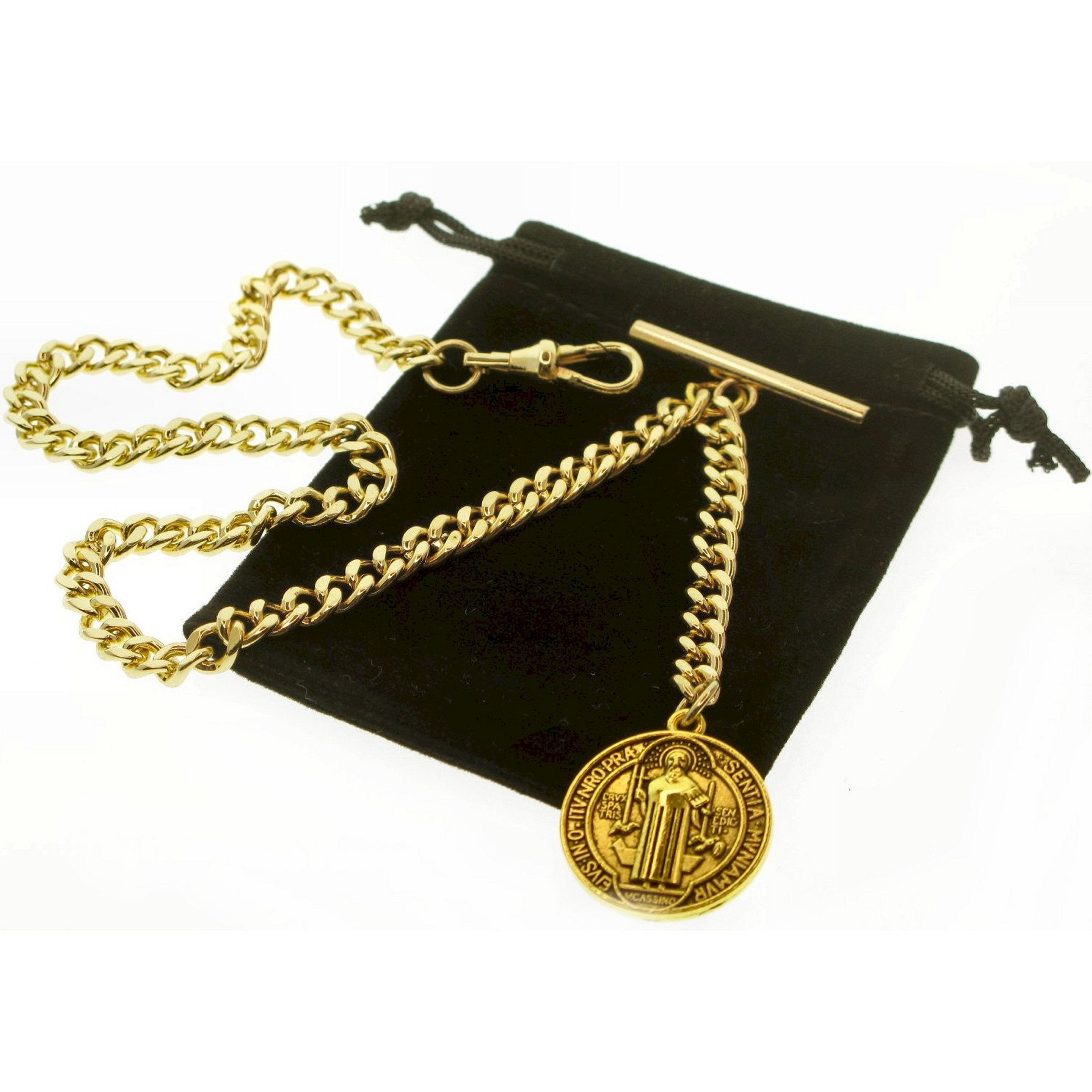 watchvshop Albert Chain Gold Color Pocket Watch Chain Fob Chain for Men with Saint Benedict Medal Fob Swivel Clasp and T Bar AC212