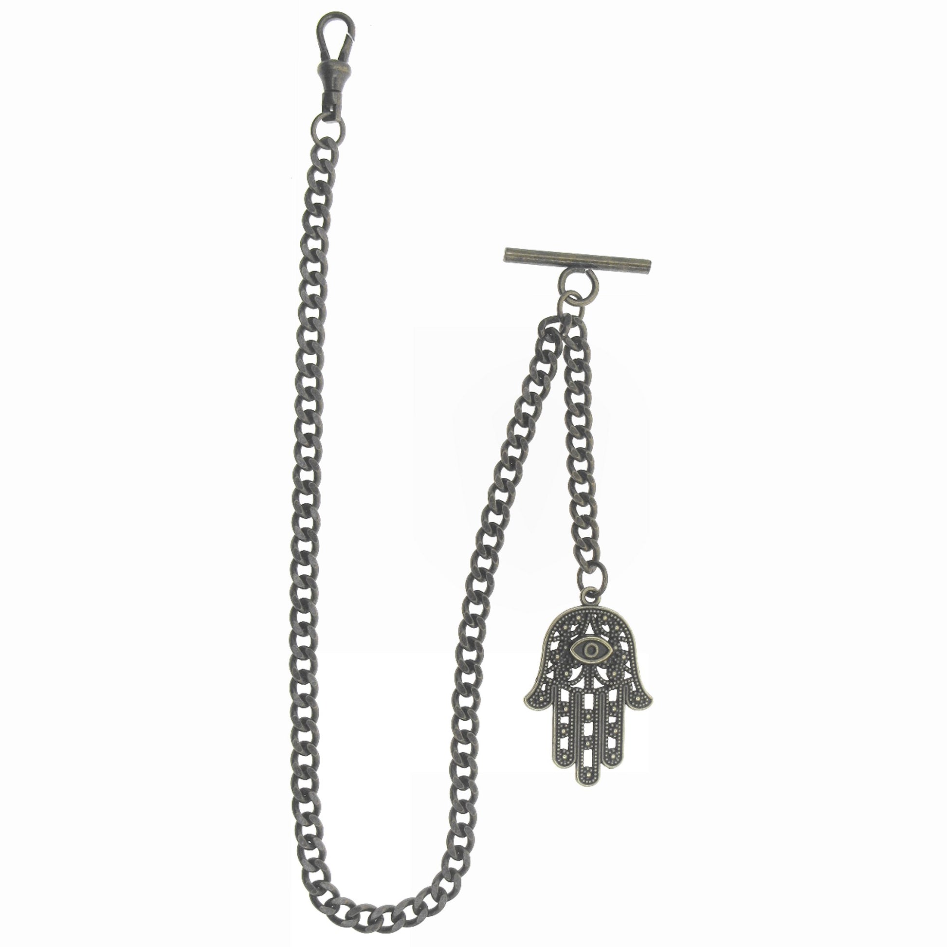 watchvshop Albert Chain Bronze Color Pocket Watch Chain Fob Chain with Hamsa Hand of Fatima Medal Fob T Bar Swivel Clasp AC216