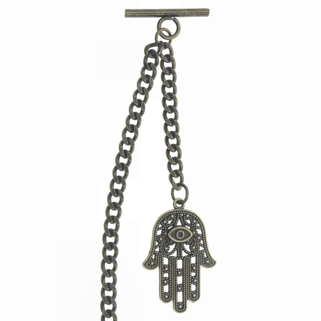 watchvshop Albert Chain Bronze Color Pocket Watch Chain Fob Chain with Hamsa Hand of Fatima Medal Fob T Bar Swivel Clasp AC216