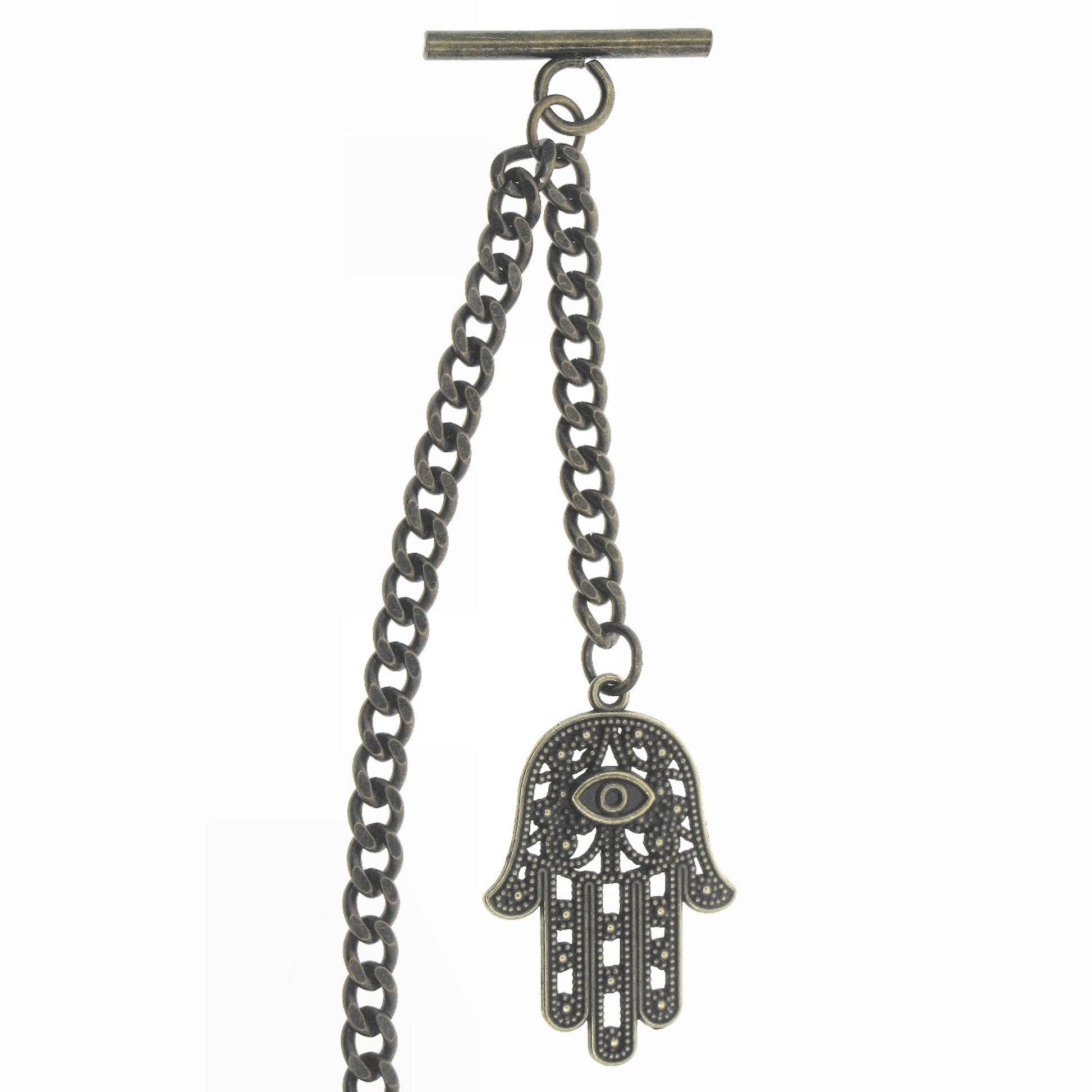 watchvshop Albert Chain Bronze Color Pocket Watch Chain Fob Chain with Hamsa Hand of Fatima Medal Fob T Bar Swivel Clasp AC216