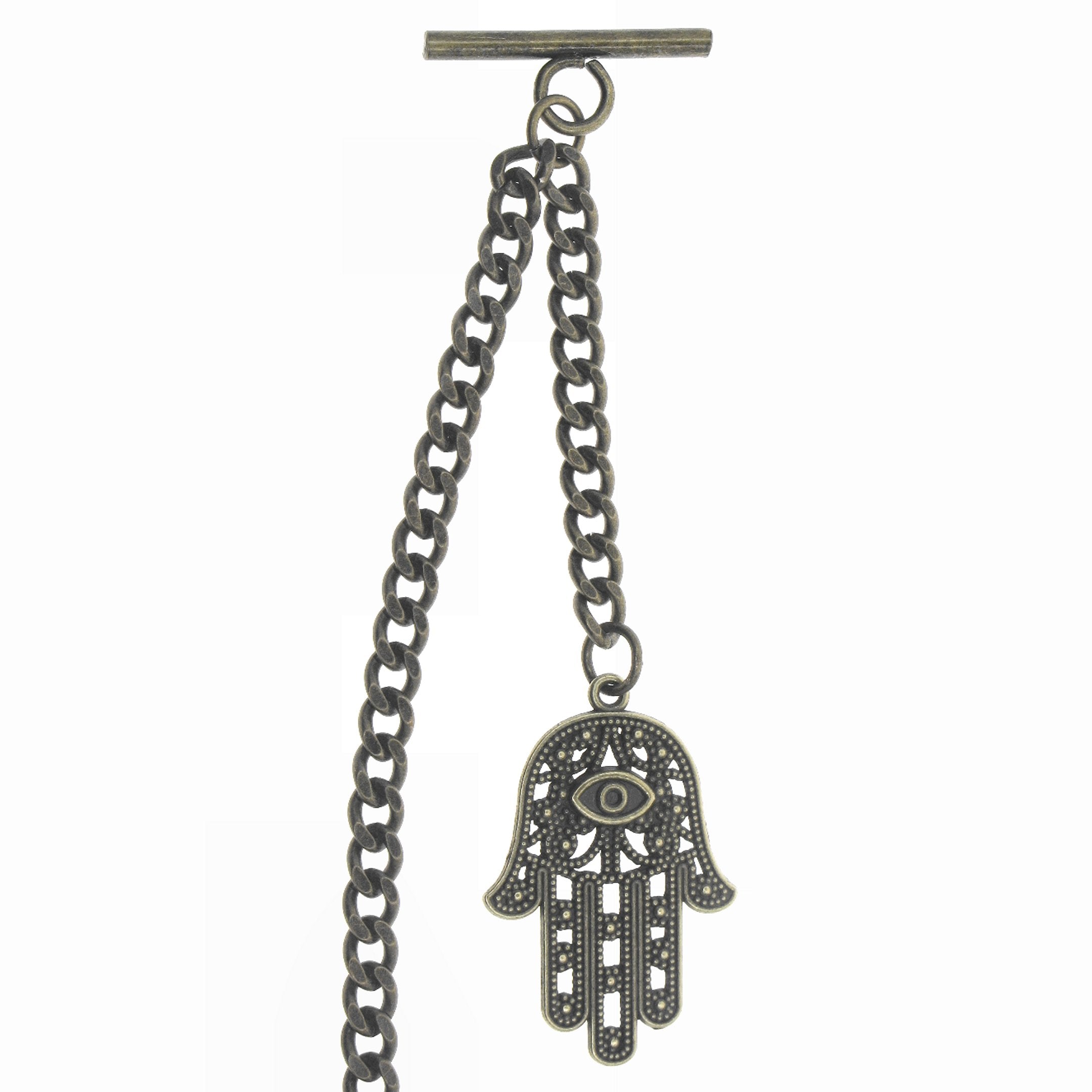 watchvshop Albert Chain Bronze Color Pocket Watch Chain Fob Chain with Hamsa Hand of Fatima Medal Fob T Bar Swivel Clasp AC216