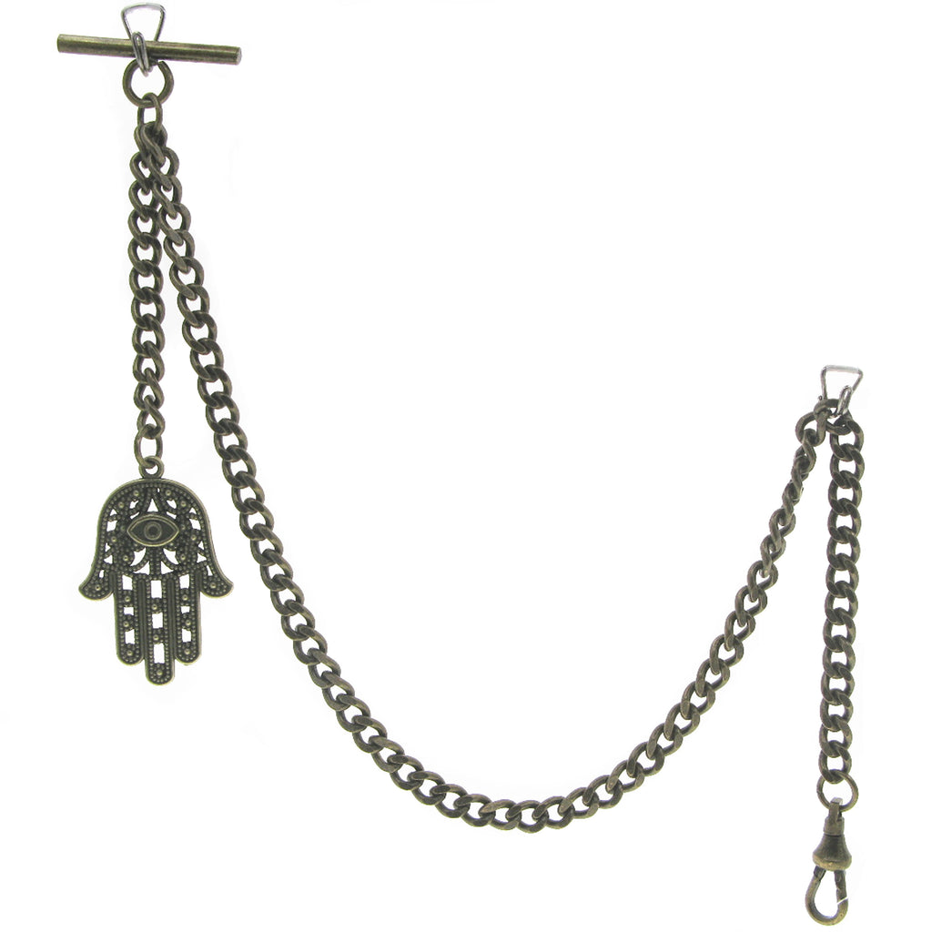 watchvshop Albert Chain Bronze Color Pocket Watch Chain Fob Chain with Hamsa Hand of Fatima Medal Fob T Bar Swivel Clasp AC216